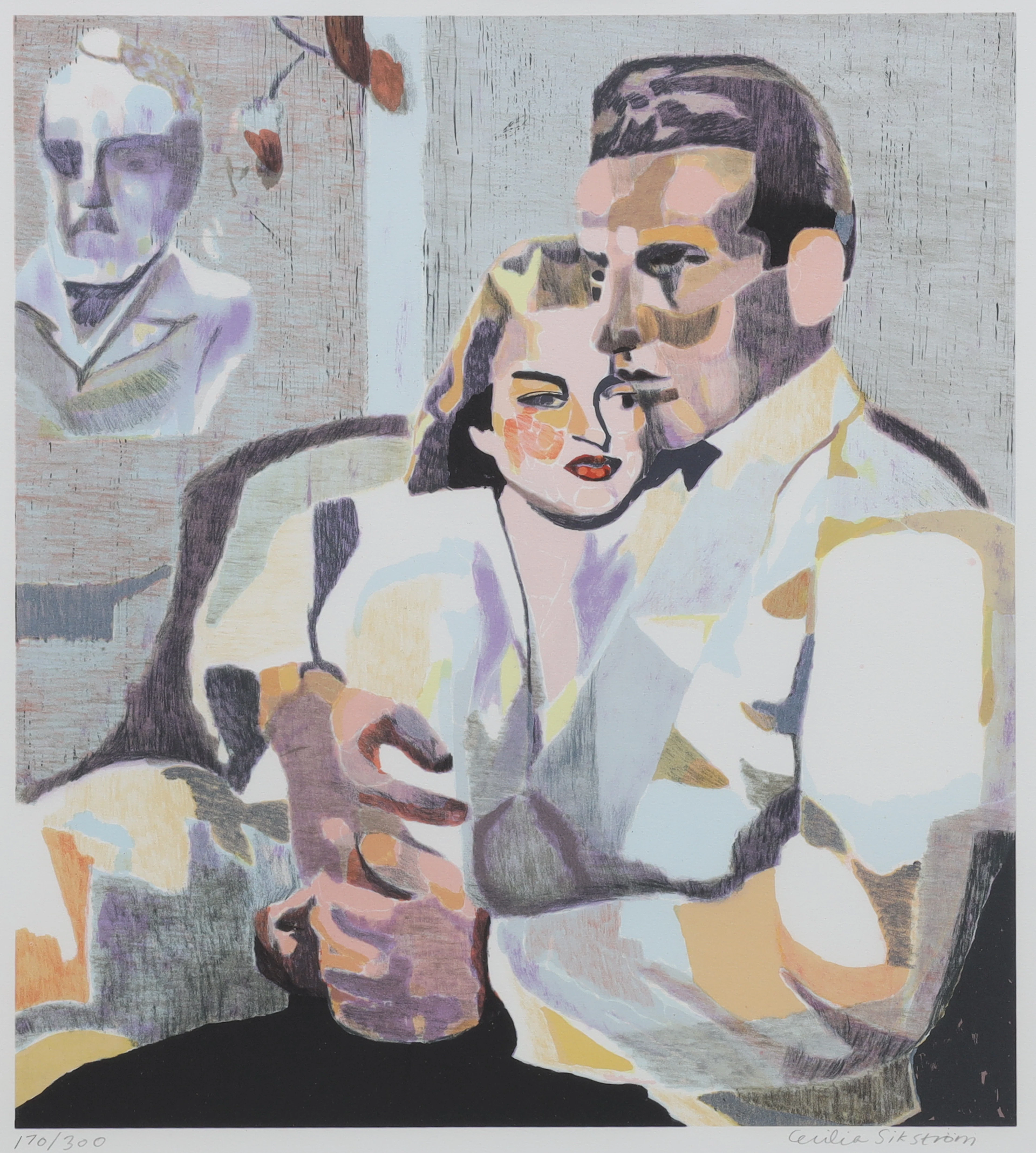 CECILIA SIKSTRÖM. färglitografi, "Casablanca", omfamnande par, numrerad