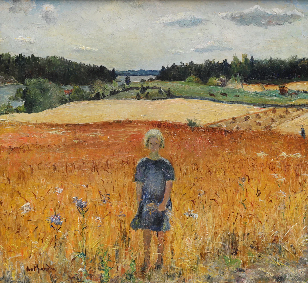 CARL LUTHANDER (1879-1967). olja på pannå, flicka på skördefält, signerad