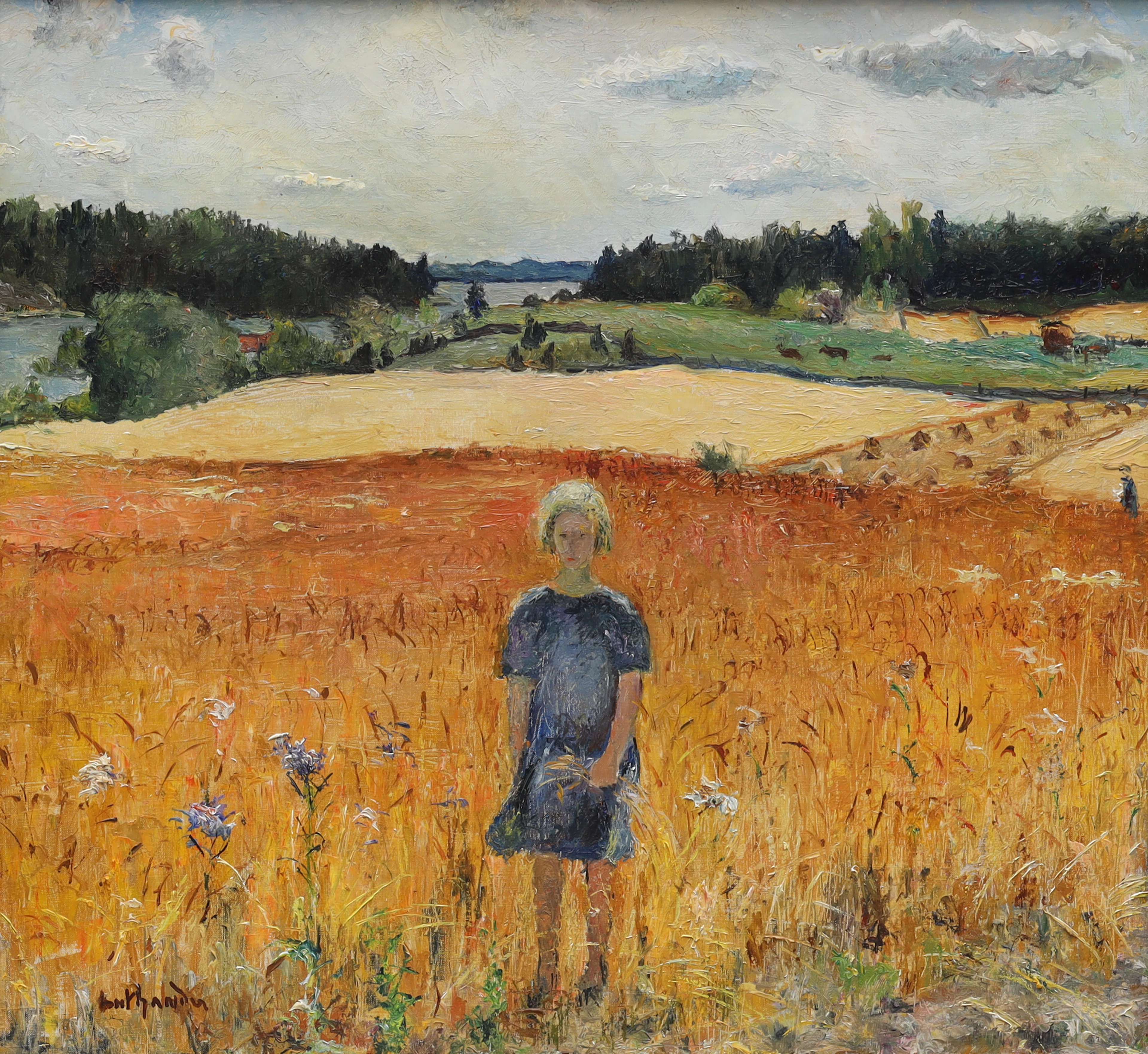 CARL LUTHANDER (1879-1967). olja på pannå, flicka på skördefält, signerad