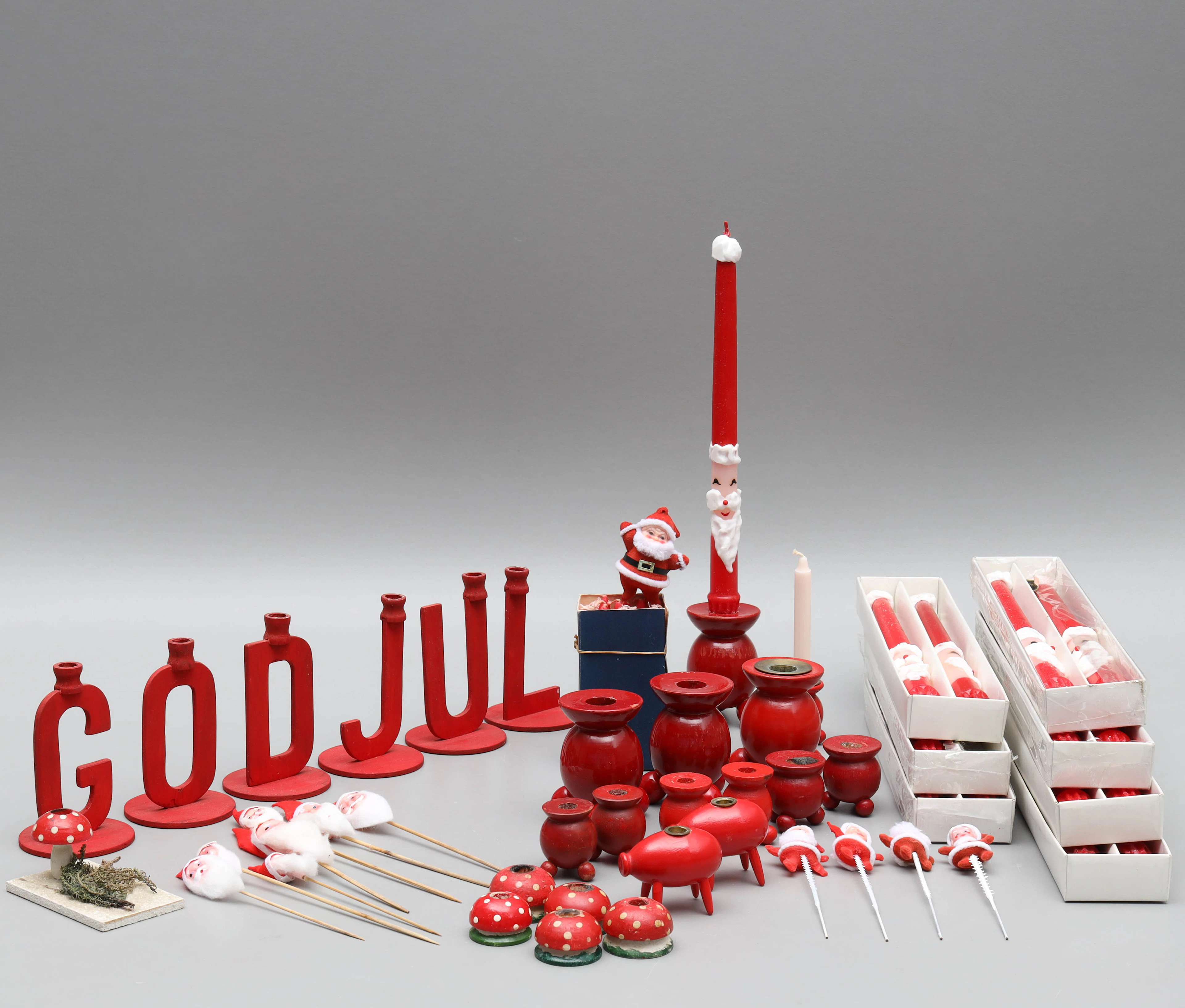 SAMLING LJUSSTAKAR samt LJUS, klotljusstakar, svampar, "God Jul"