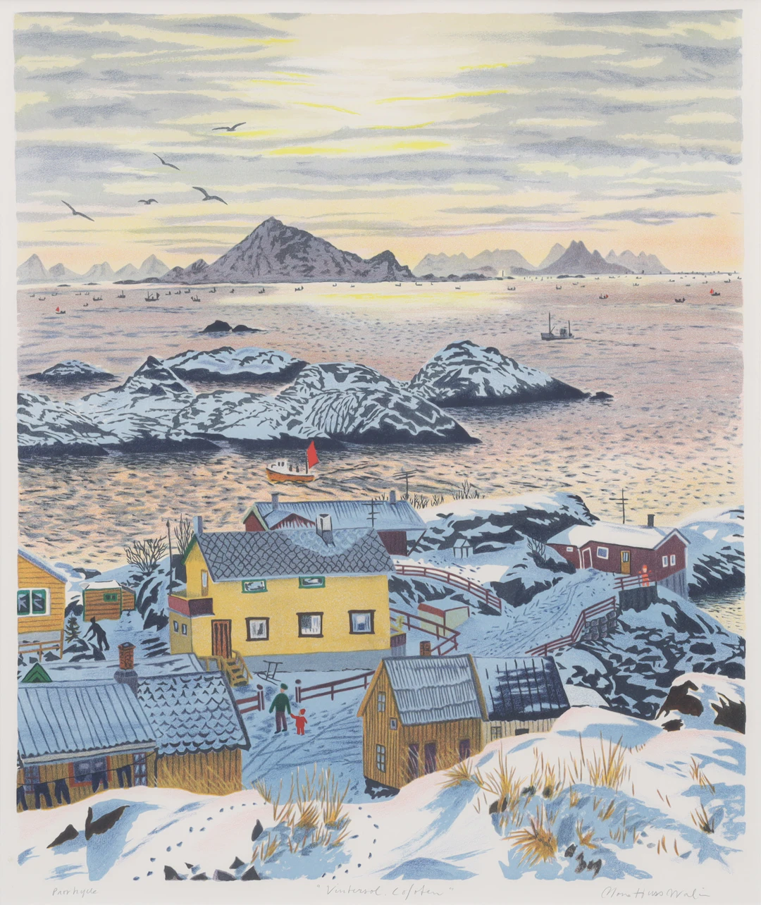 MONA HUSS WALIN. färglitografi, "Vintersol, Lofoten", provtryck, signerad.
