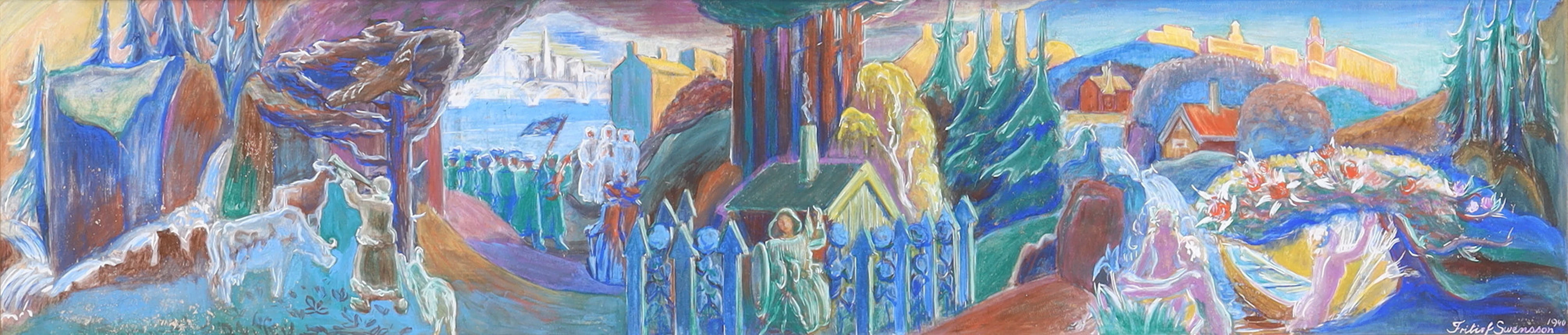 FRITIOF SWENSSON. gouache på pannå, figurscener, signerad och daterad 1940.