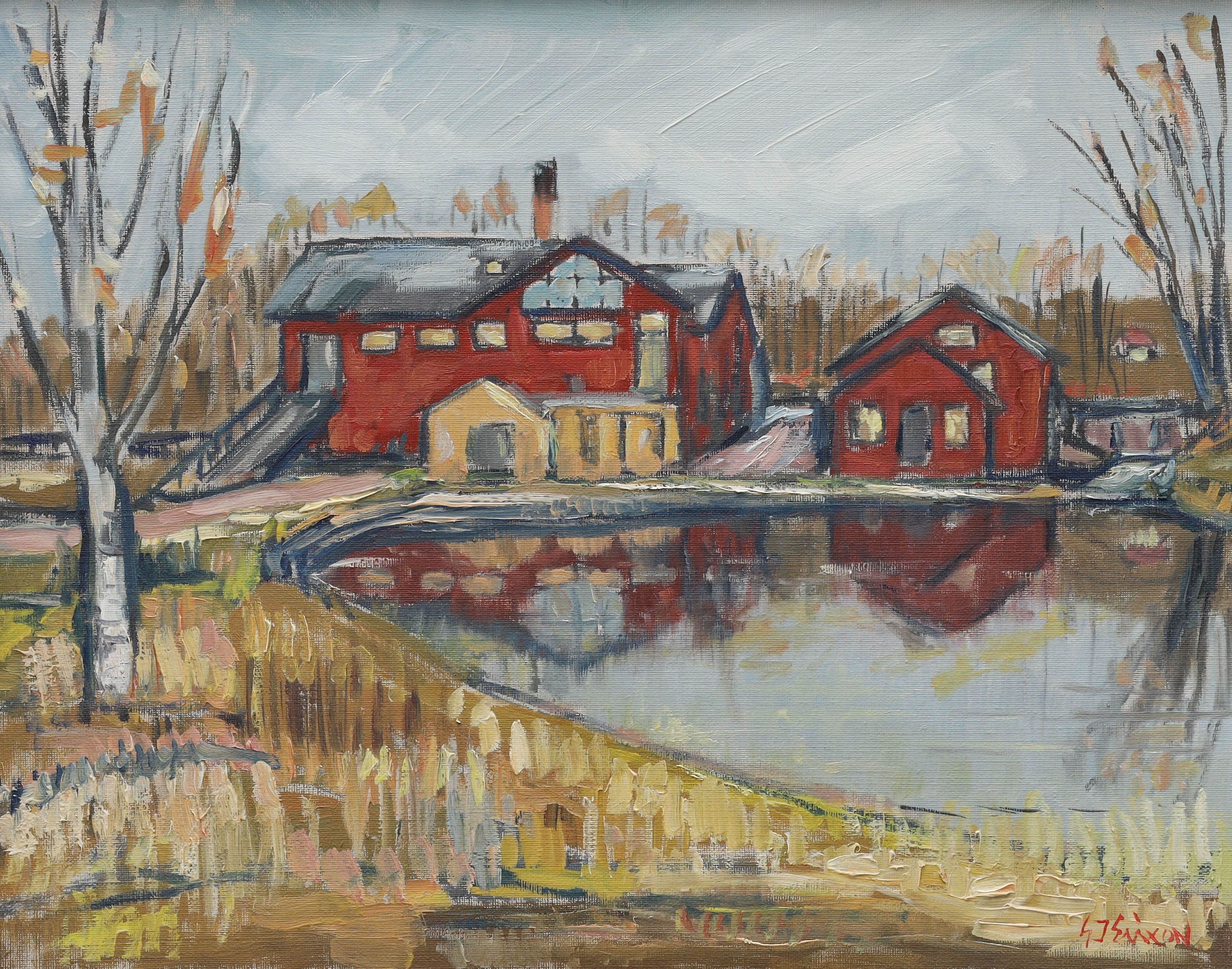 GUNNAR INGEMAR ERIXON. olja på duk, "Gammal bruksmiljö Munkfors"