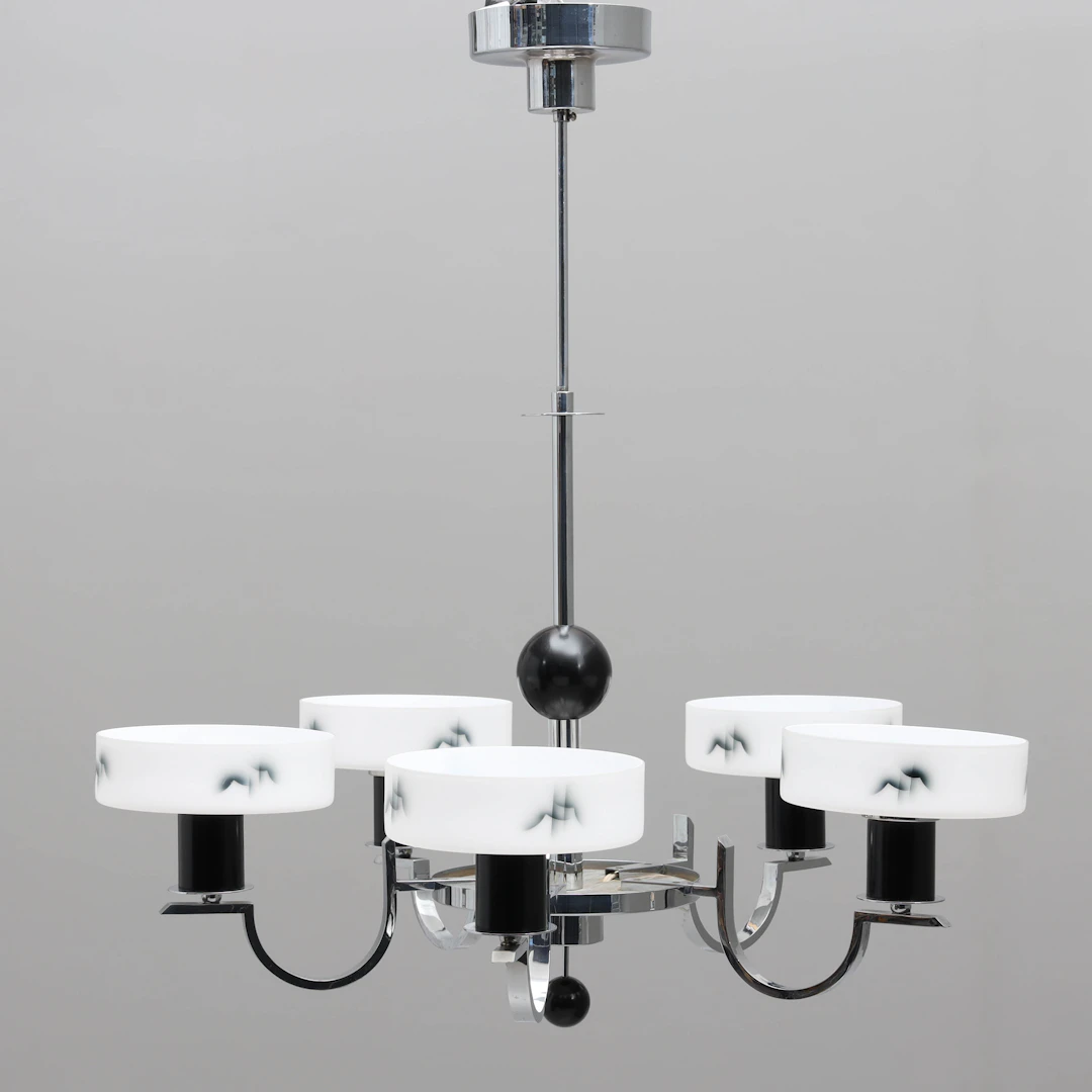 TAKLAMPA, förkromad metall, trä samt kupor i glas, art deco, 1930-tal.