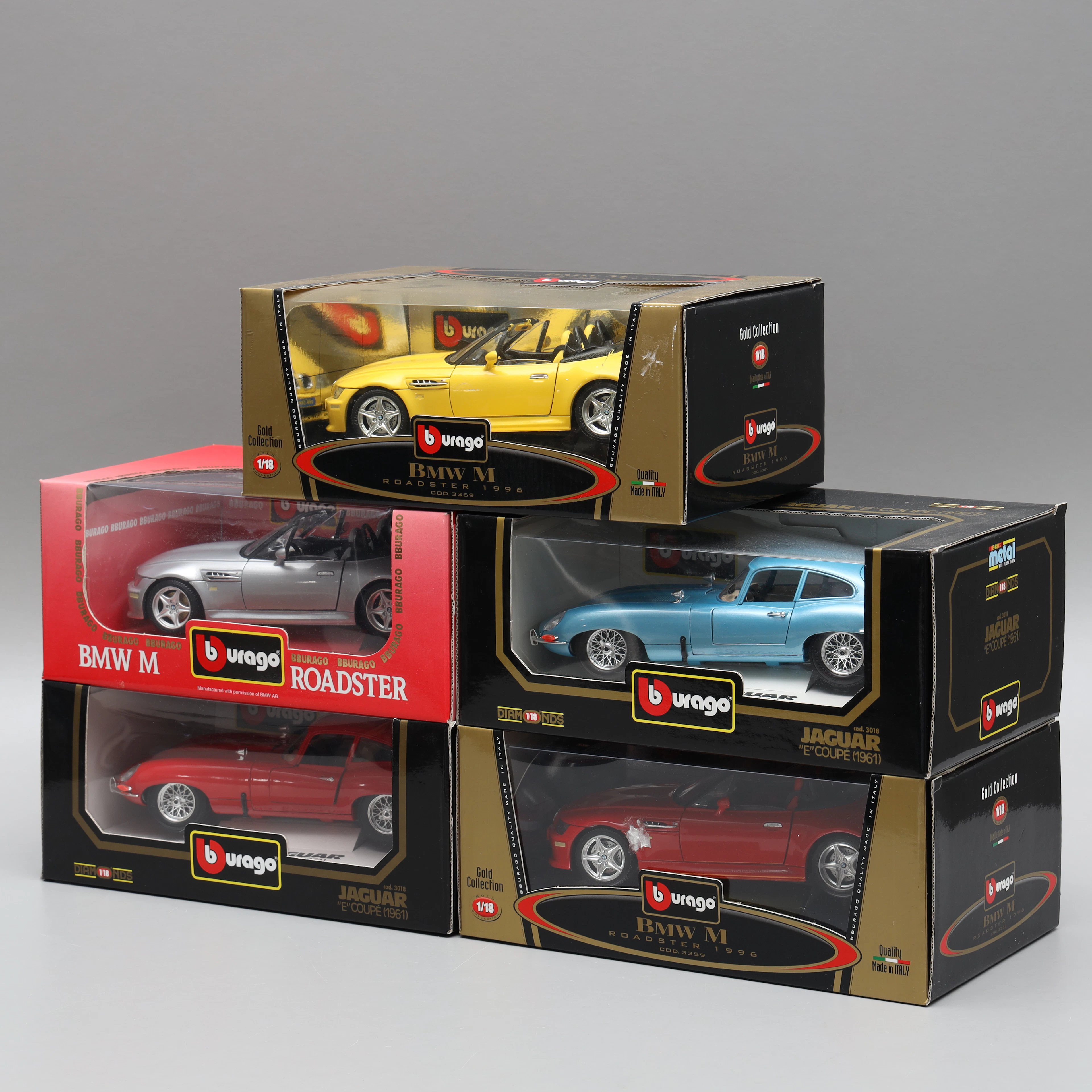 MODELLBILAR, 5 st, BMW M Roadster röd/silvermetallic/gul 1996, Jaguar