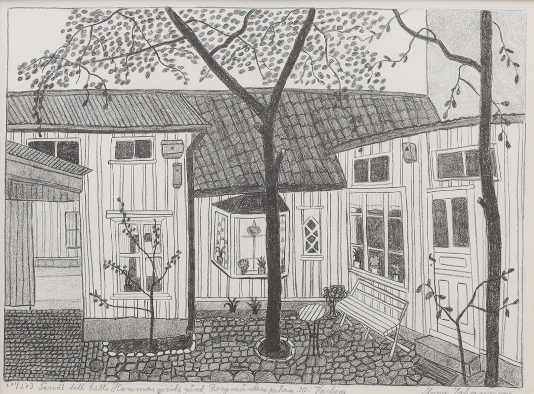 MONA JOHANSSON (1924-2010). litografi, "Borgmästaregatan 30 i Varberg"