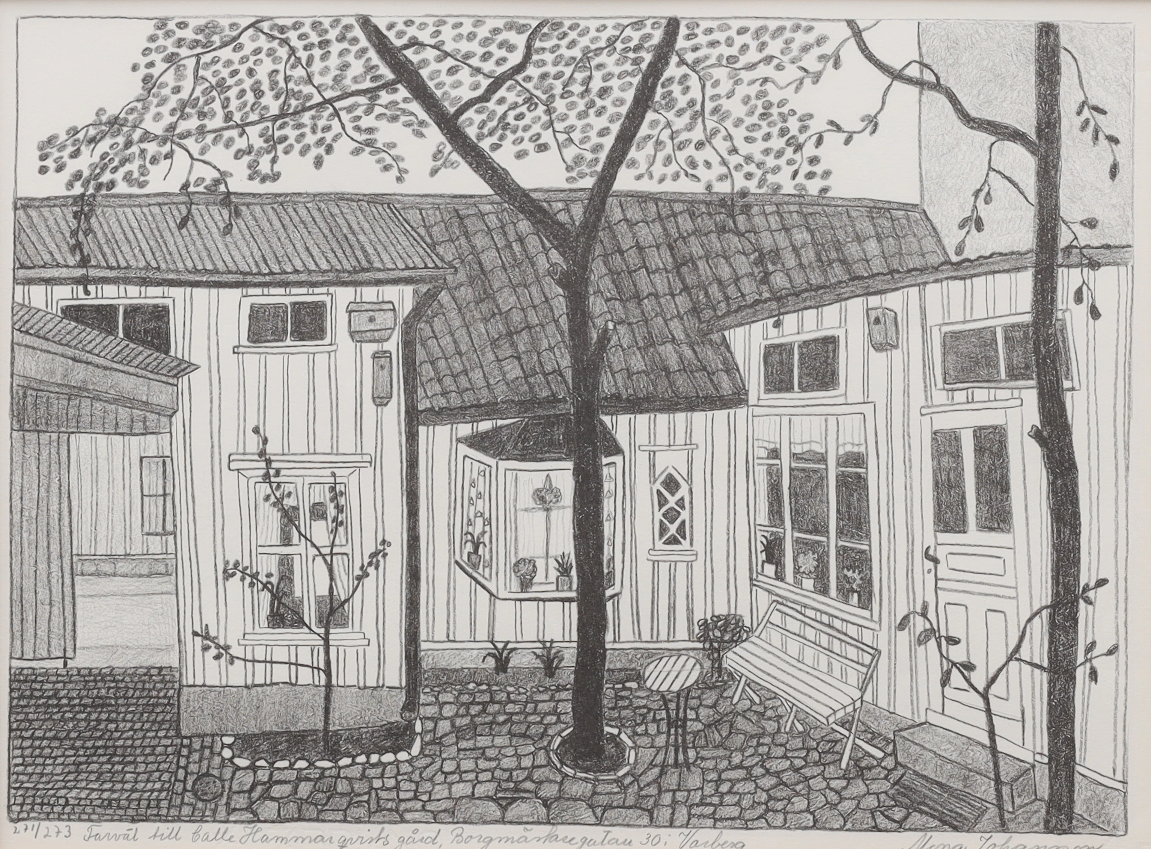 MONA JOHANSSON (1924-2010). litografi, "Borgmästaregatan 30 i Varberg"