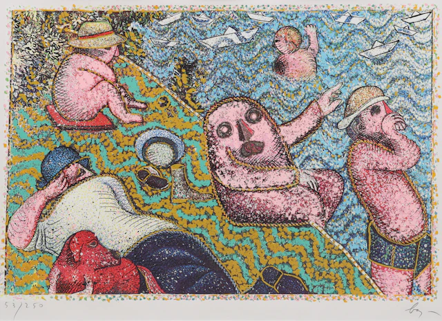 ENRICO BAJ. färgseriegrafi/mixed media, komposition med badande figurer