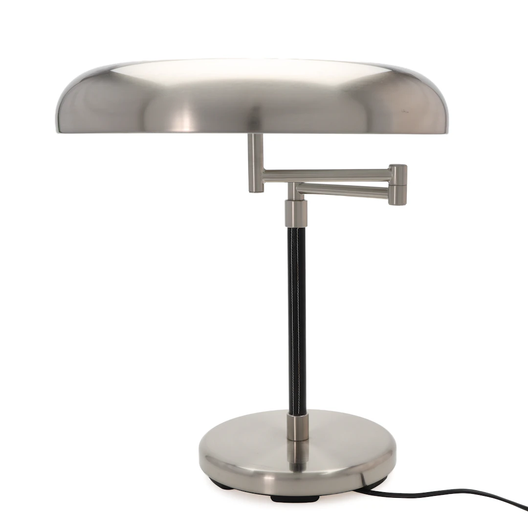 BORDSLAMPA, borstad stål & läder, "Grimsö", Ikea, 1990-tal.
