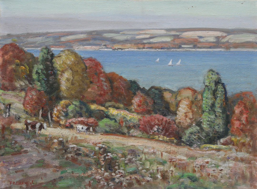 FRANK A BARNEY (1862-1954). olja på duk, "Owasco lake west side"