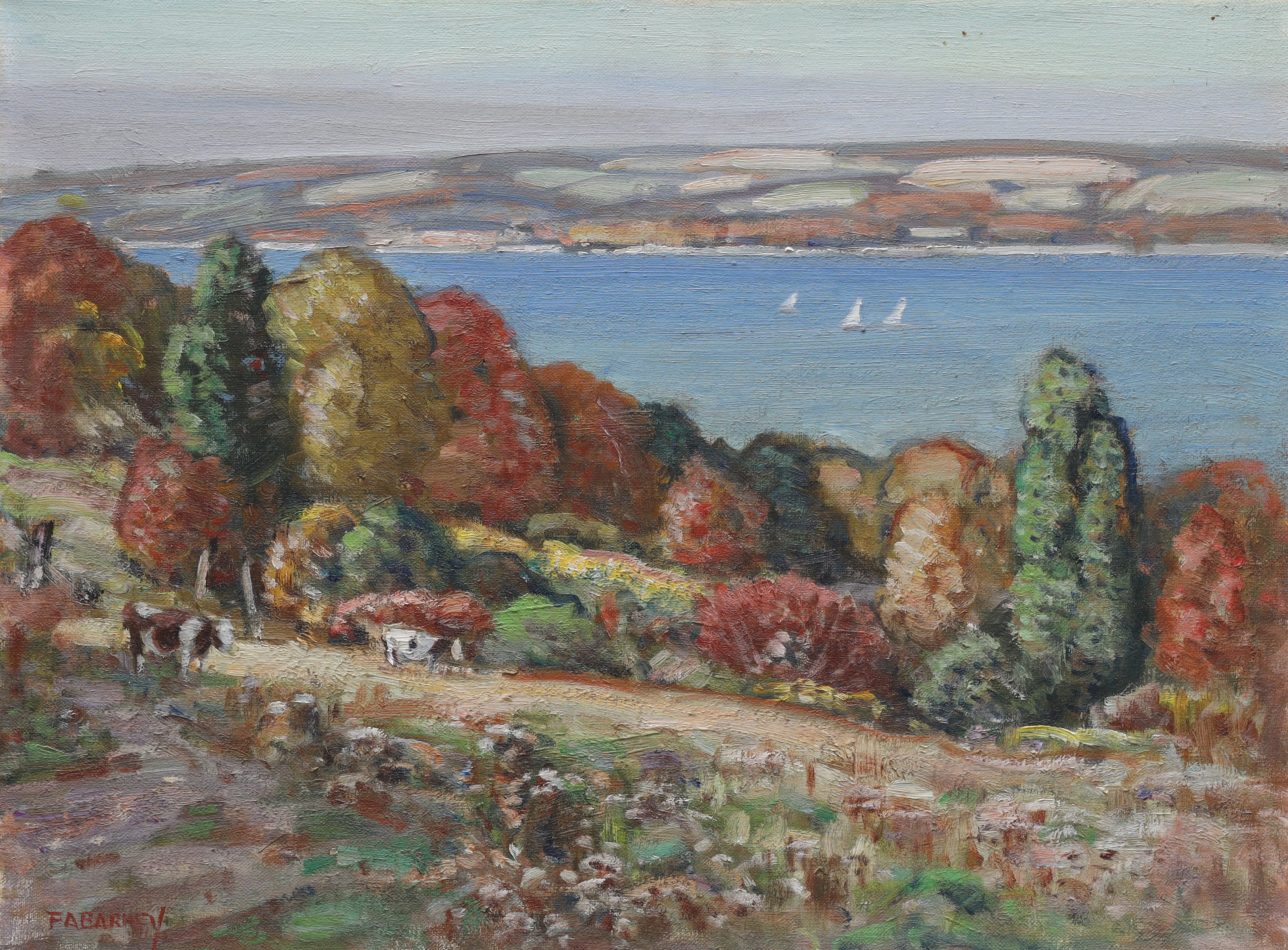 FRANK A BARNEY (1862-1954). olja på duk, "Owasco lake west side"