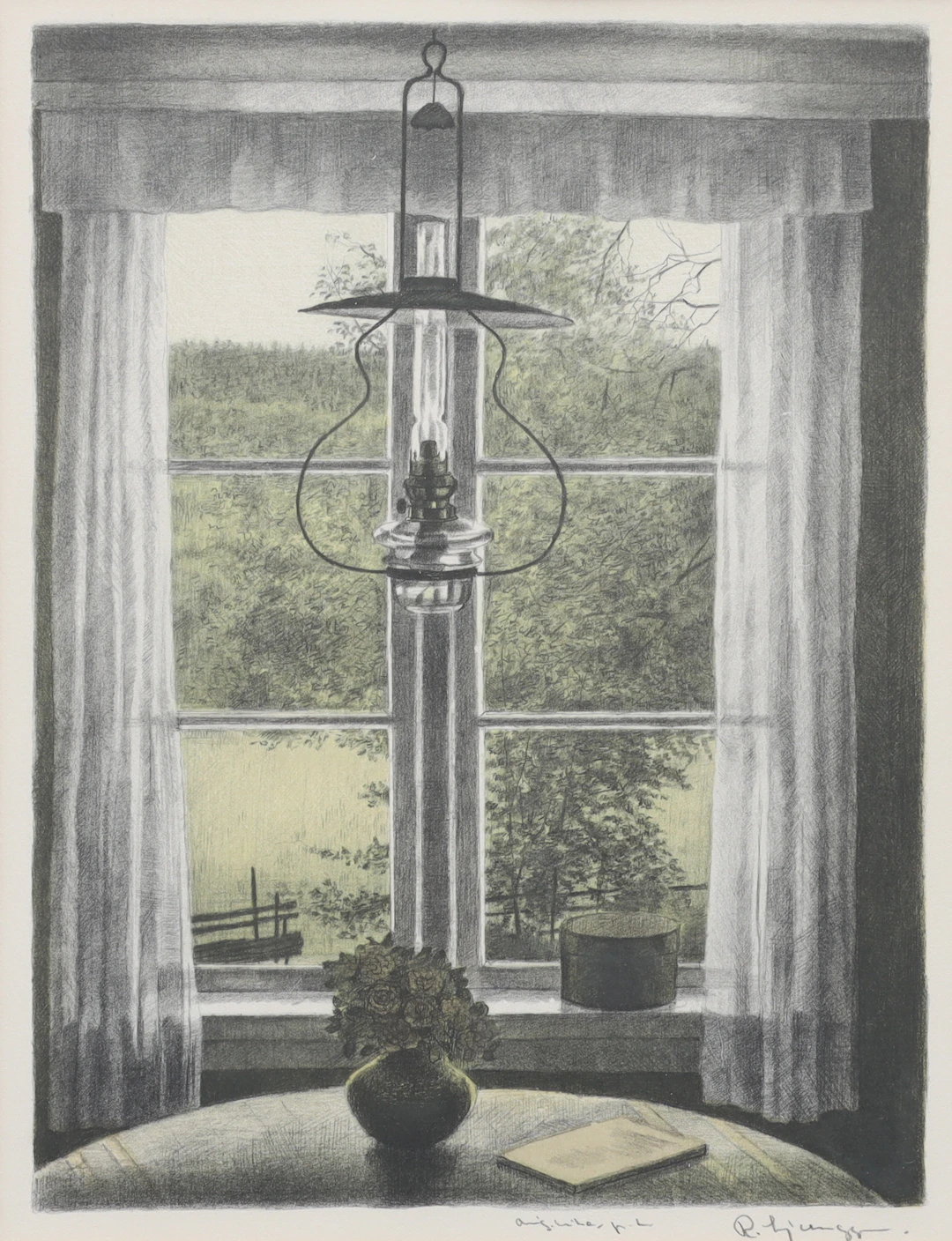 REINHOLD LJUNGGREN. färglitografi, sommarfönster, provtryck, signerad.