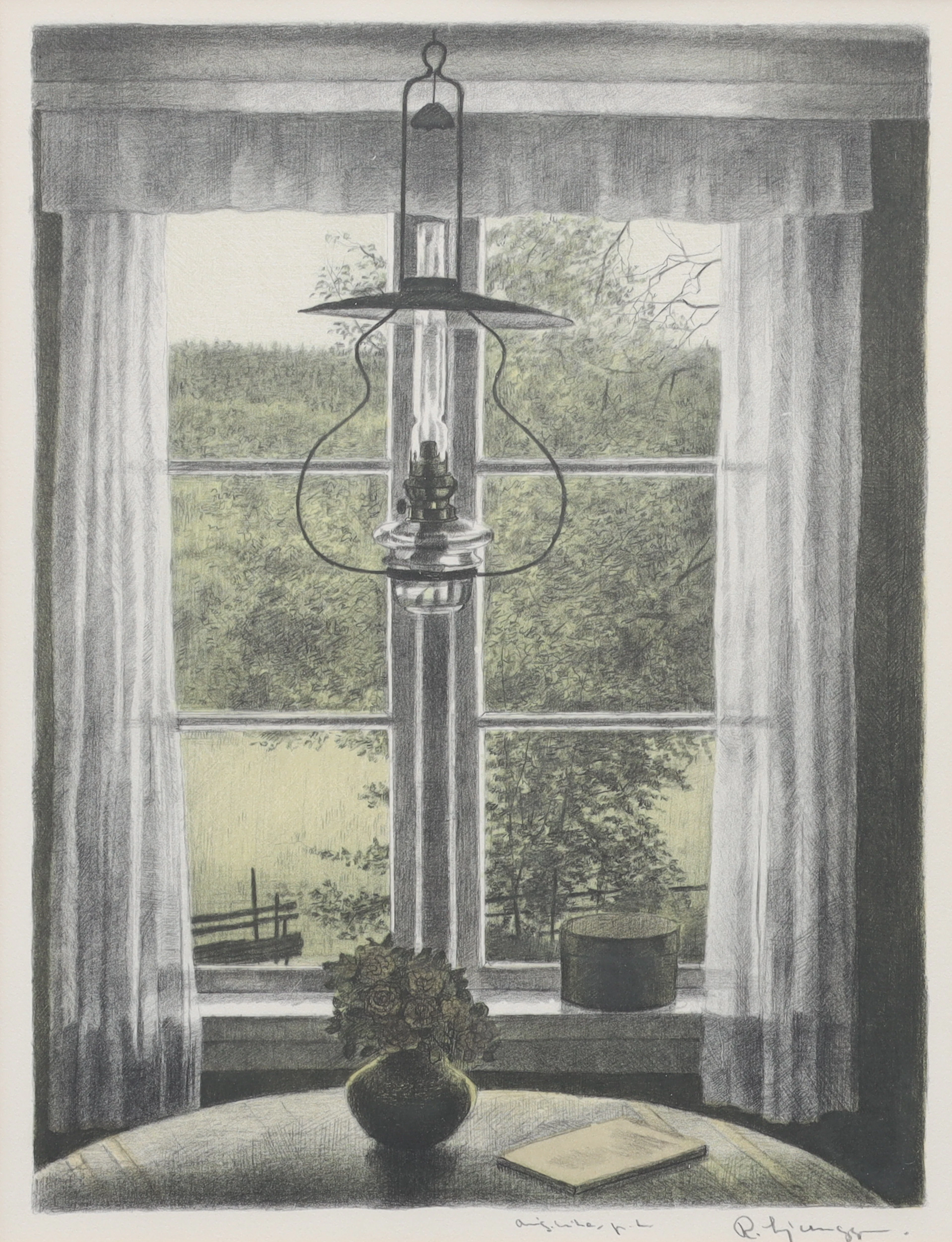REINHOLD LJUNGGREN. färglitografi, sommarfönster, provtryck, signerad.