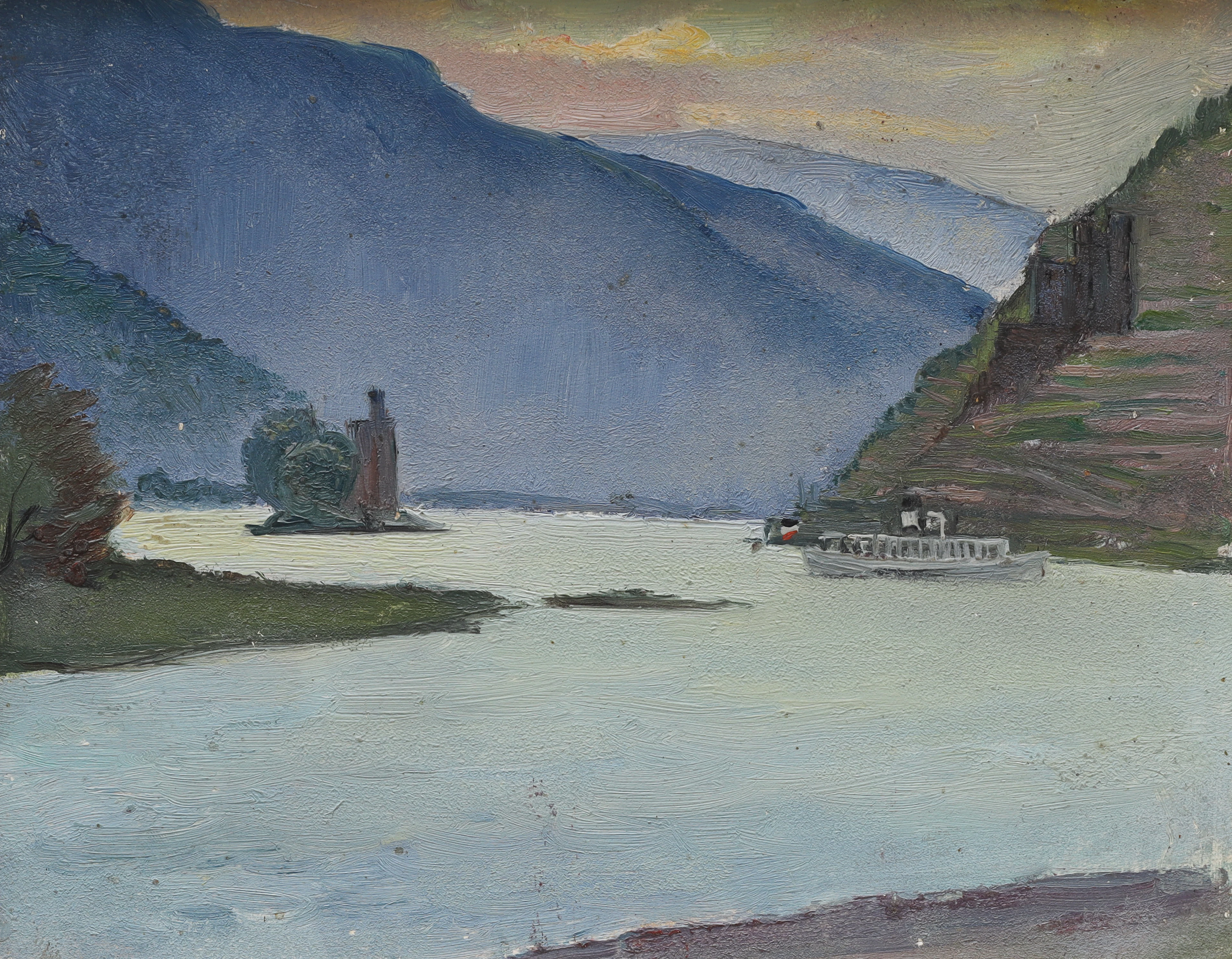 LENNART BLOMQVIST (1879-1954). olja på pannå, motiv från floden Rhen