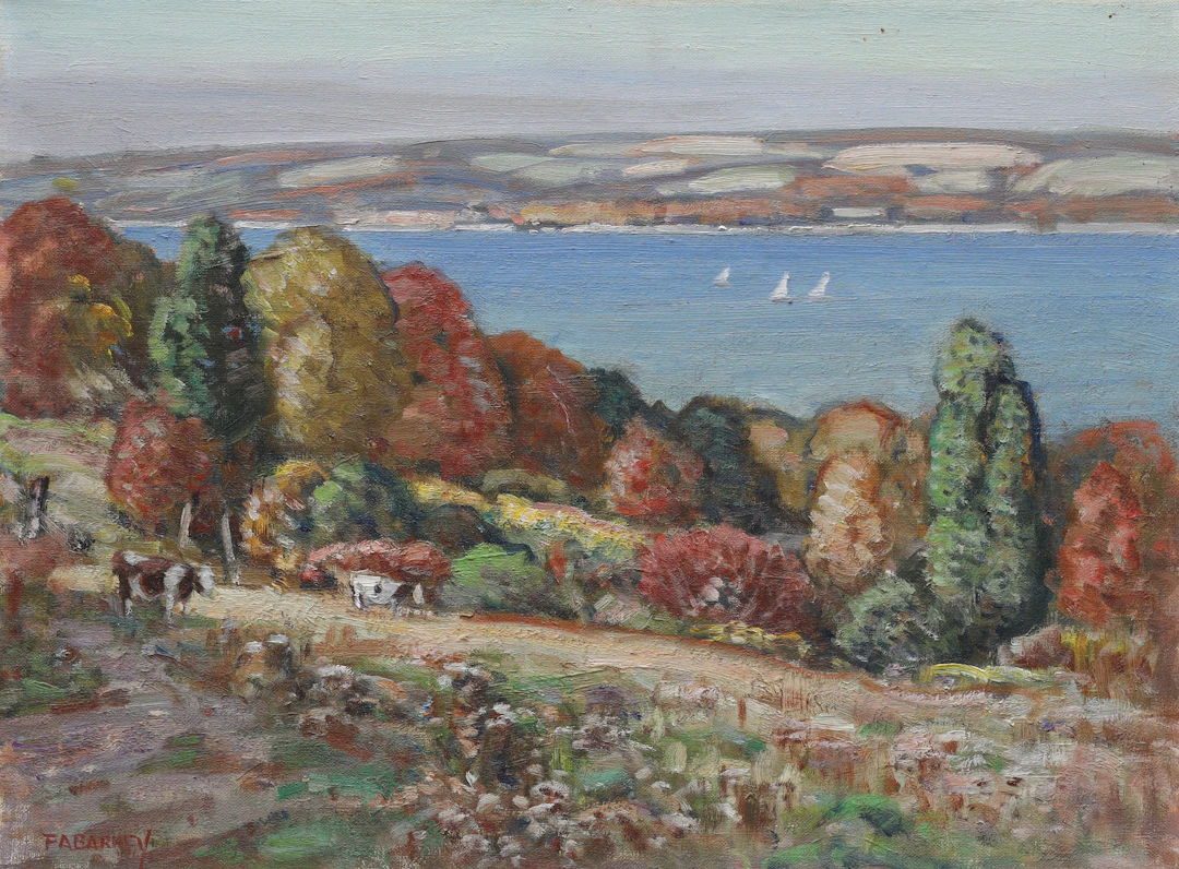 FRANK A BARNEY (1862-1954). olja på duk, "Owasco lake west side"
