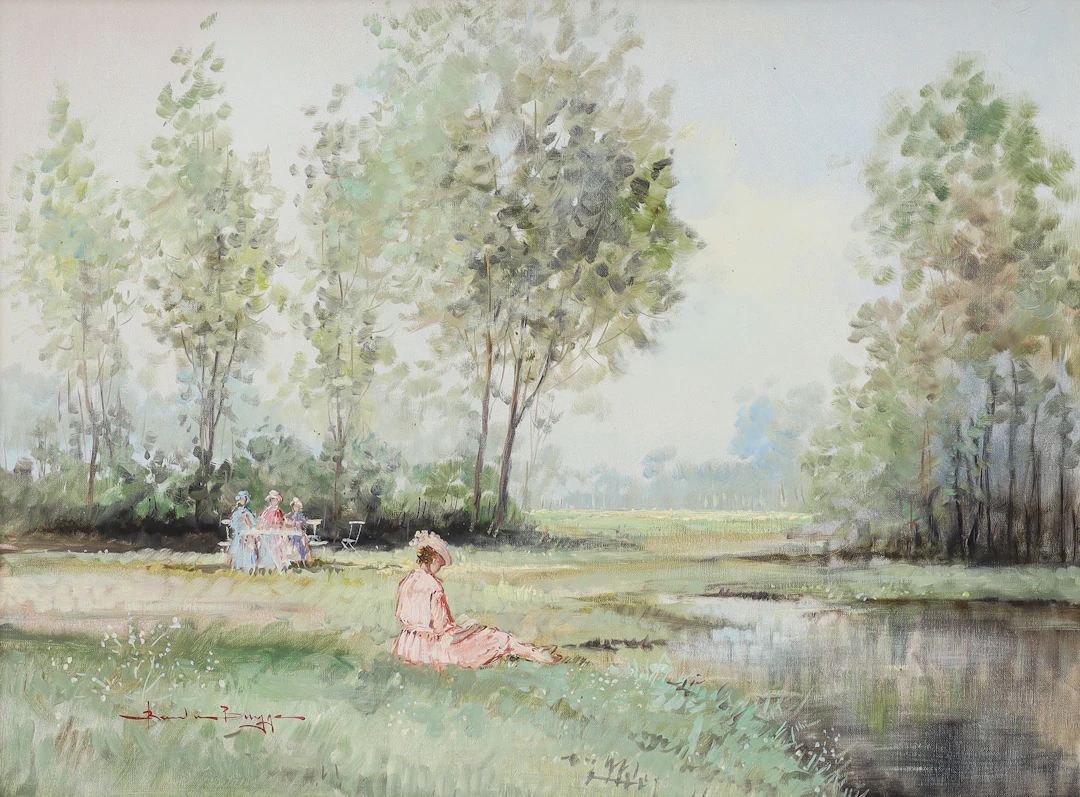 BAREND VAN DER BRUGGEN. olja på duk, figurscener sommardag, signerad.