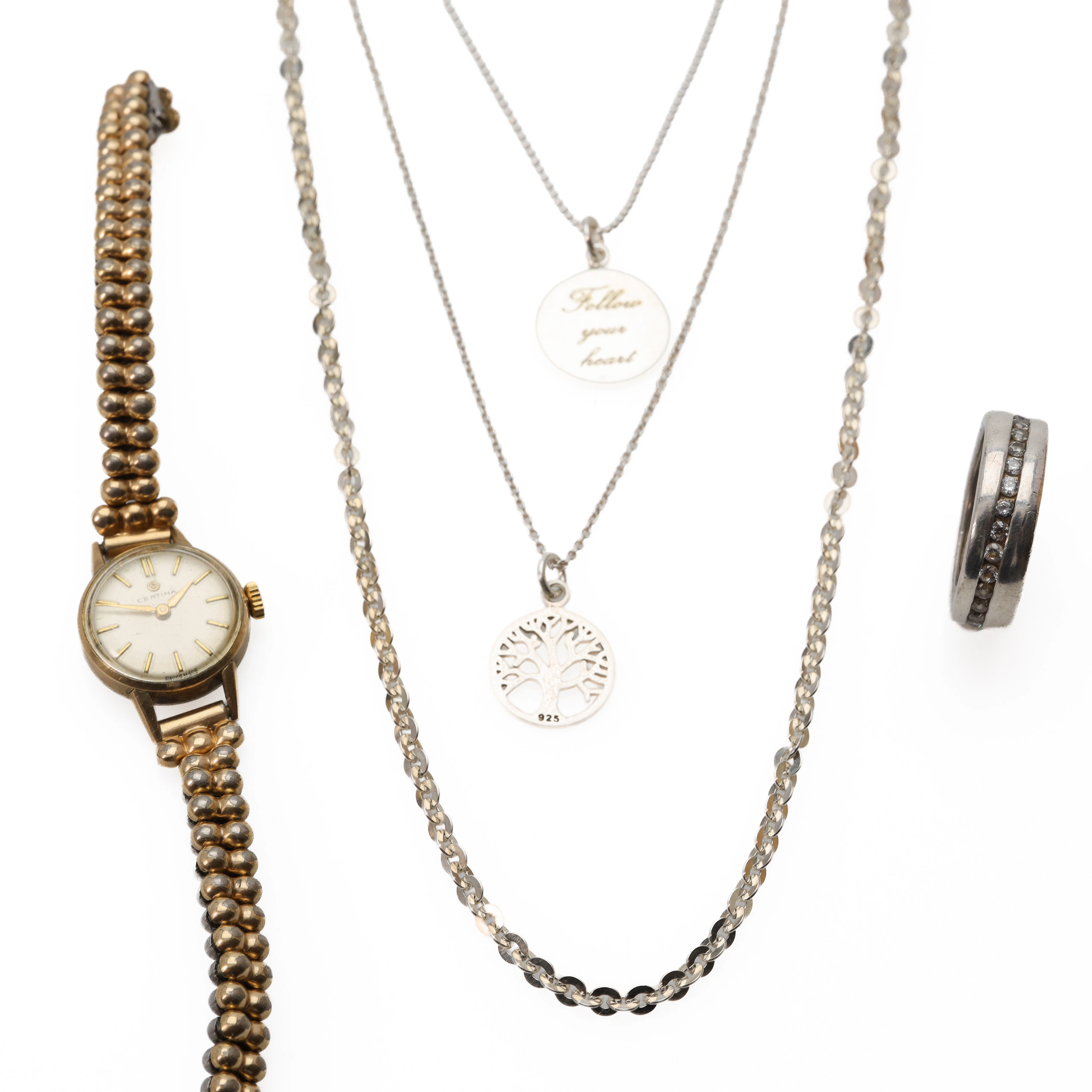 SAMLING SMYCKEN, 7 delar, smycken i silver samt Certina armbandsur.