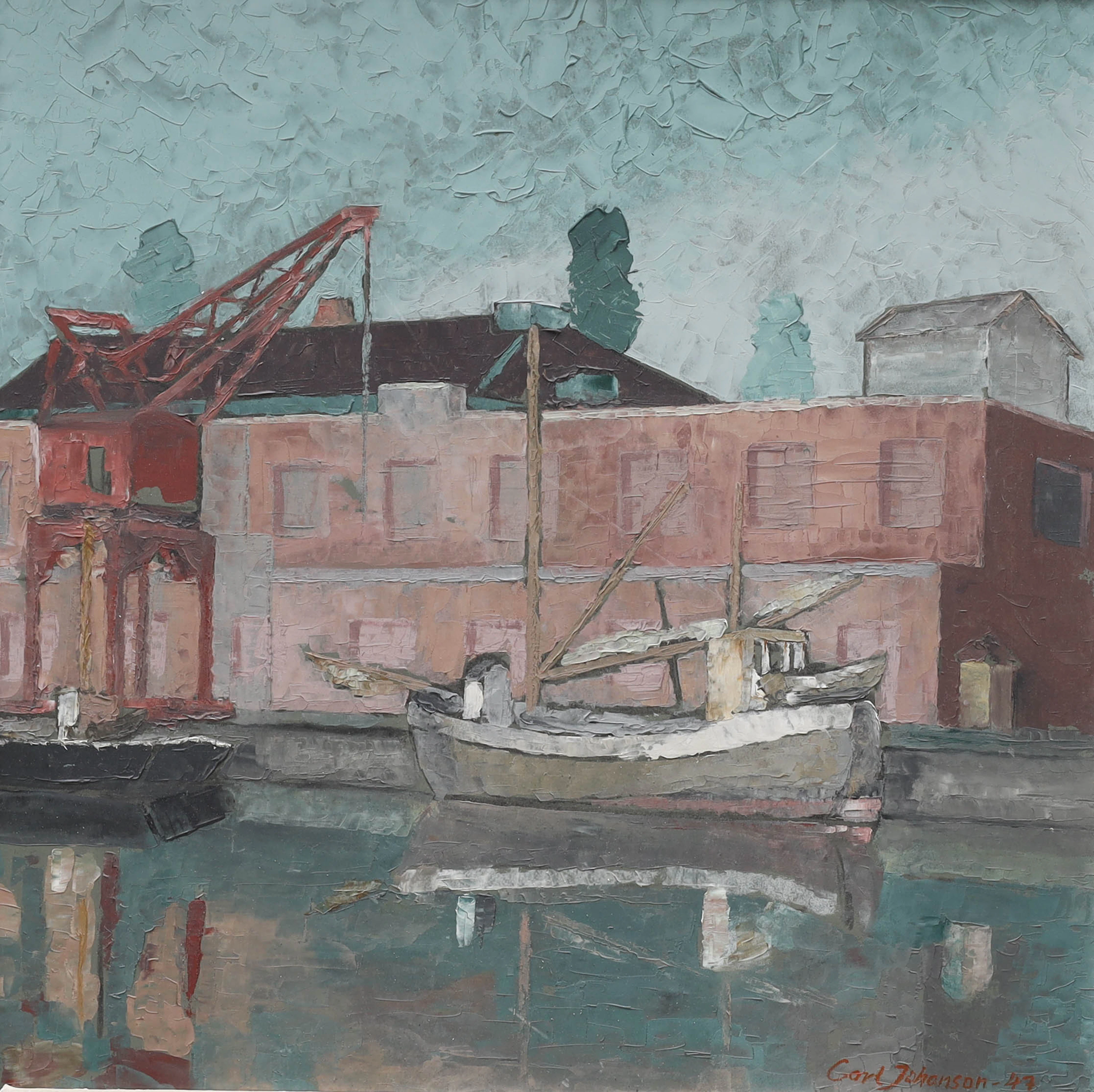 CARL JOHANSSON (1906-1993). olja på pannå, Hamnmotiv Halmstad, signerad