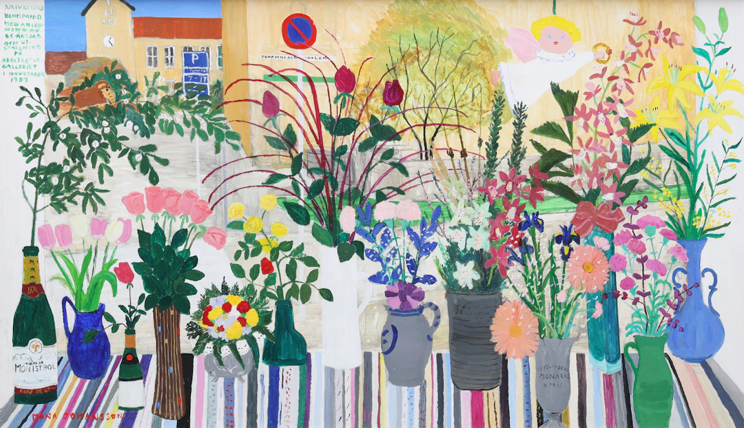 MONA JOHANSSON (1924-2010). olja på pannå, "Naivistens blomparad med