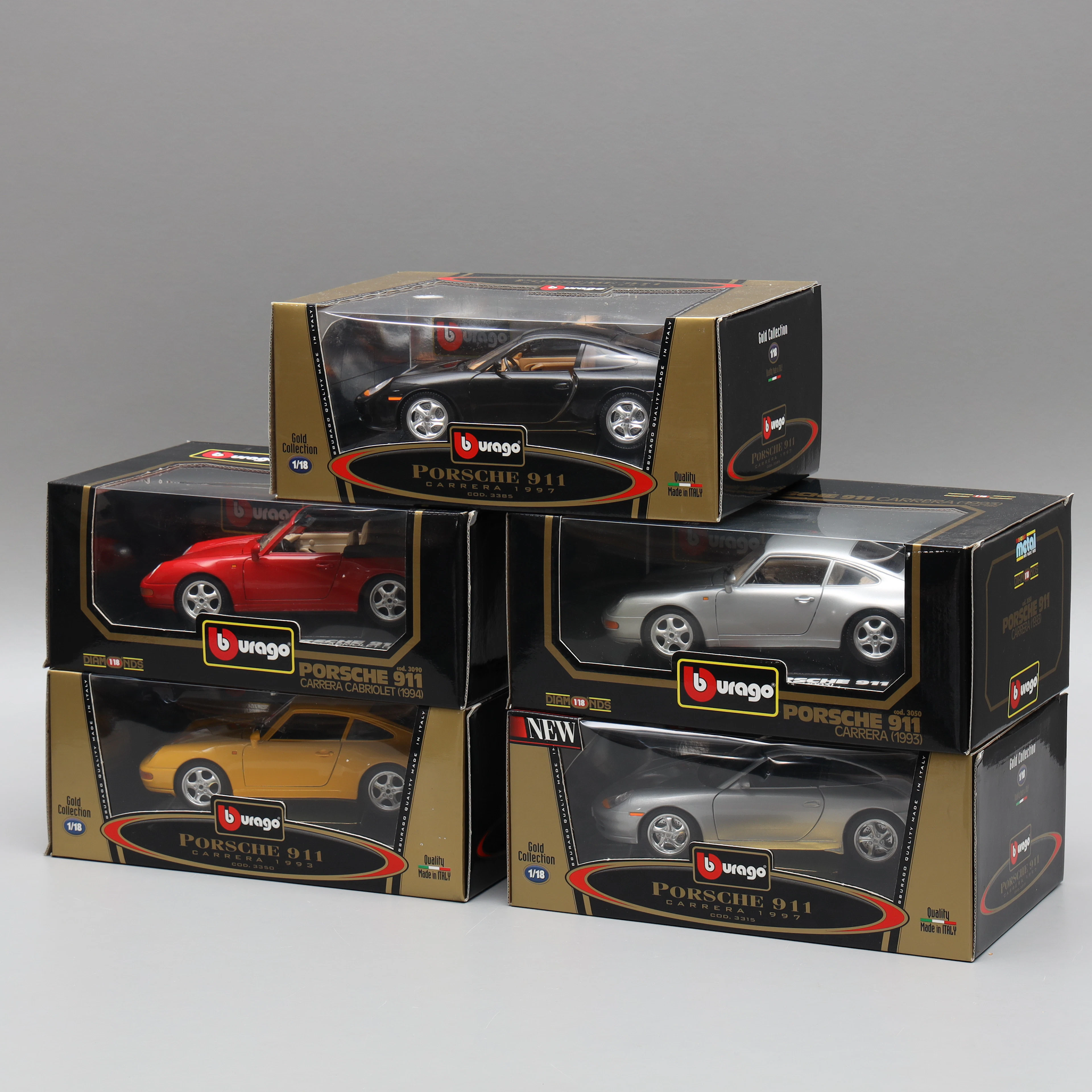 MODELLBILAR, 5 st, Porsche 911 Carrera silvermetallic/gul 1993, Porsche