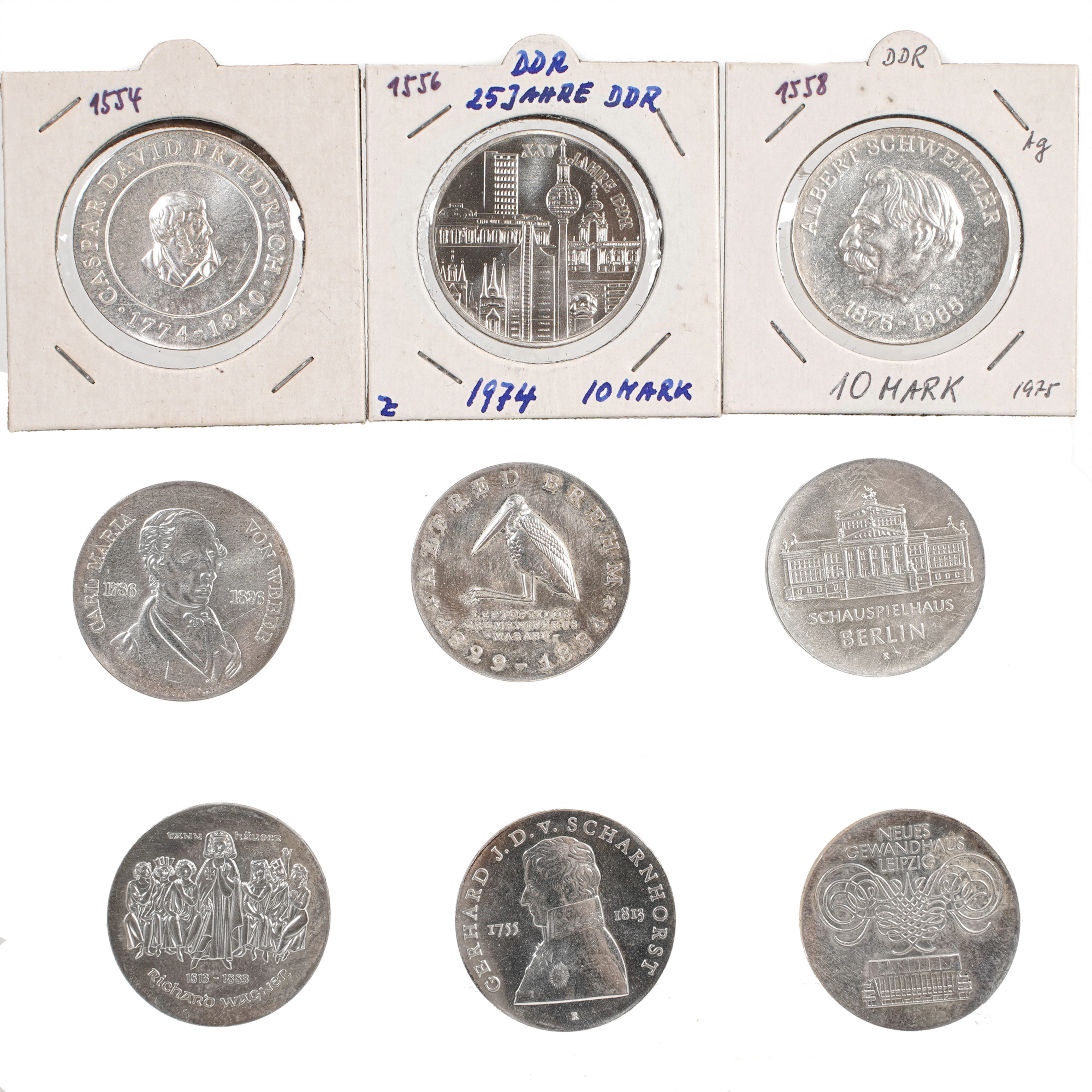 9 10-Mark-Silbergedenkmünzen, DDR, 1974-84