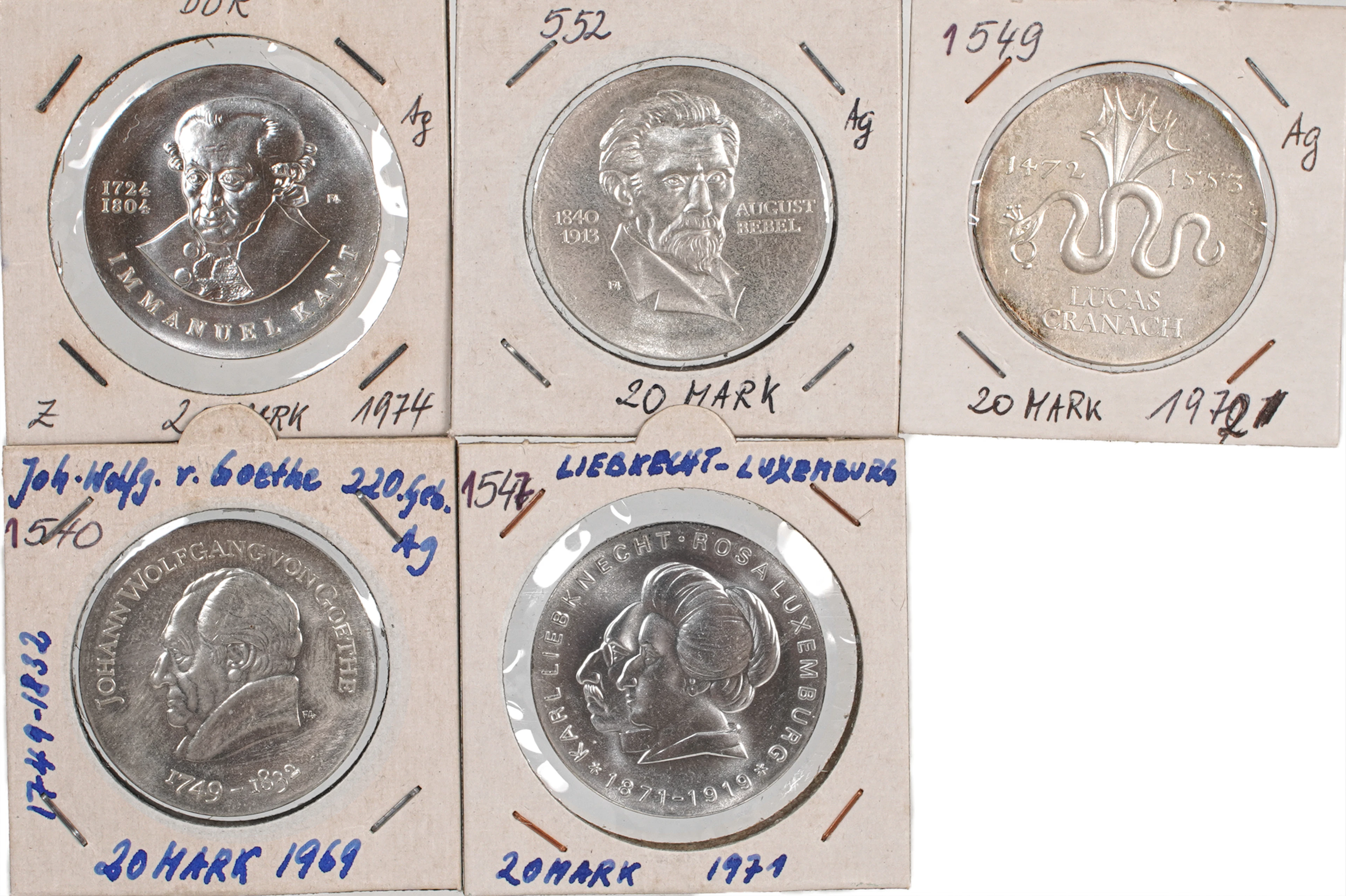 5 20-Mark-Silbergedenkmünzen, DDR, 1969-74