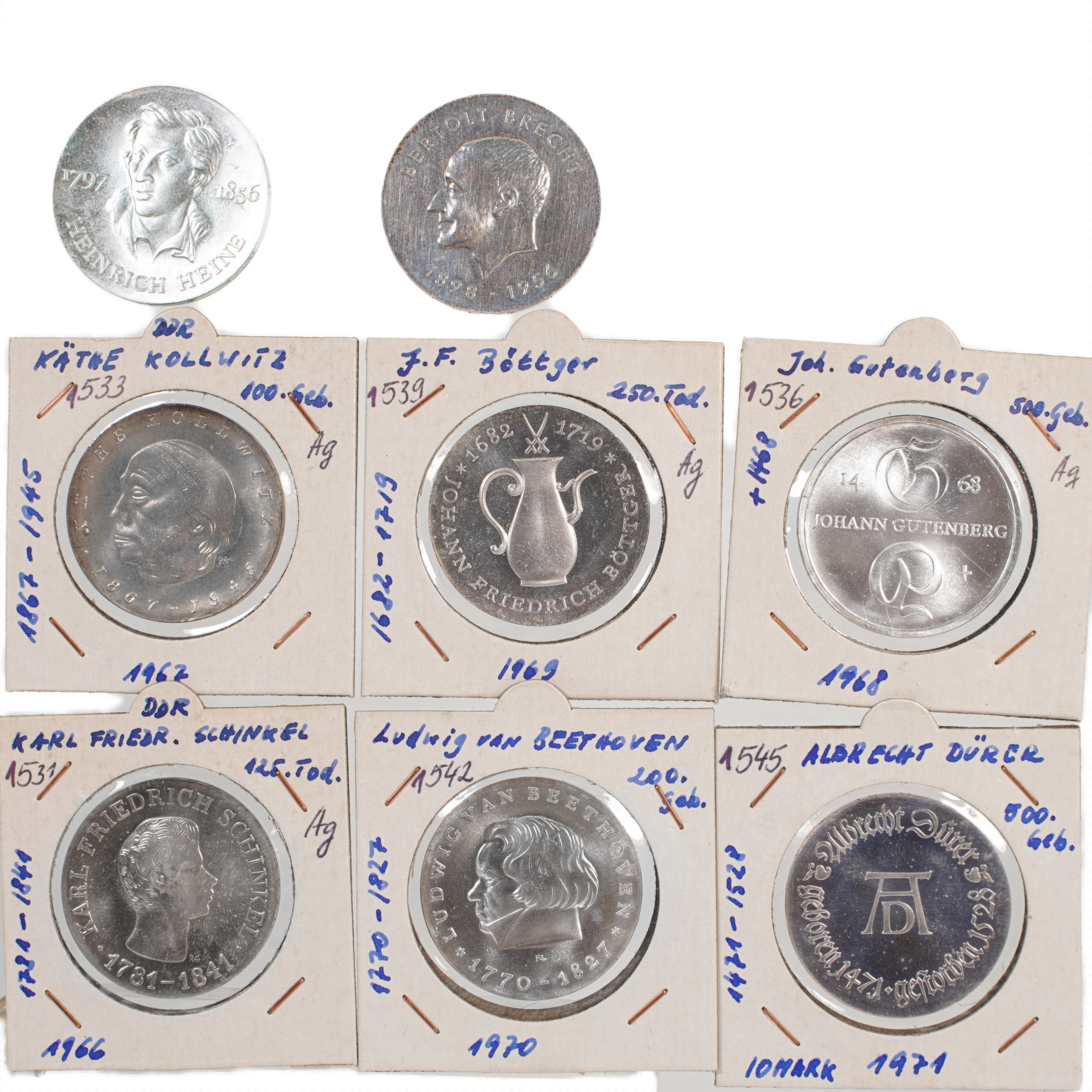 8 10-Mark-Silbergedenkmünzen, DDR, 1966-73