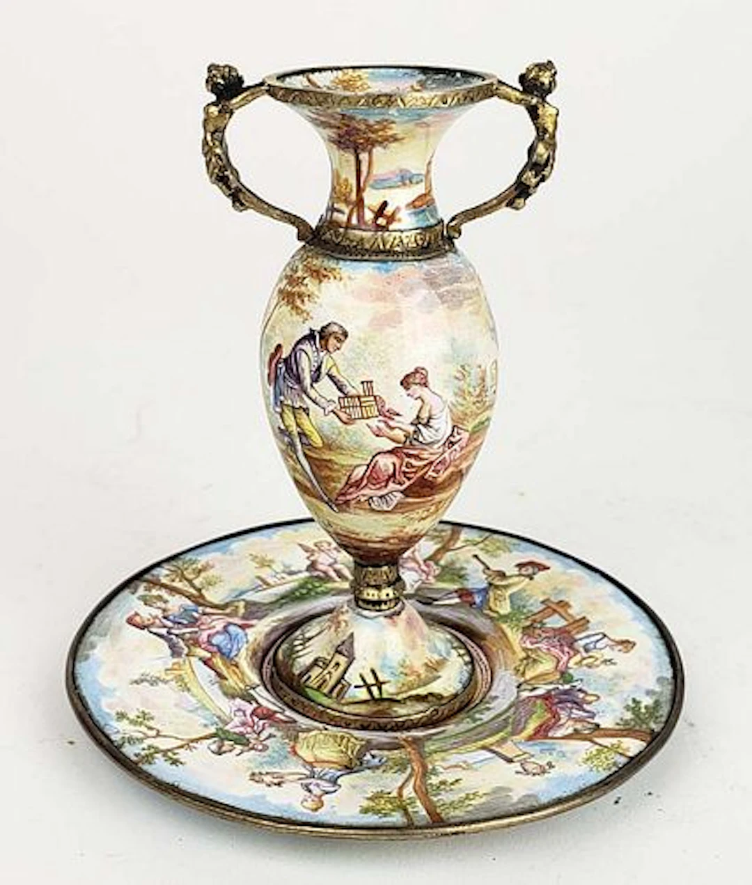 19th C. Viennese Enamel on Silver Figural Vase w/ Underplate