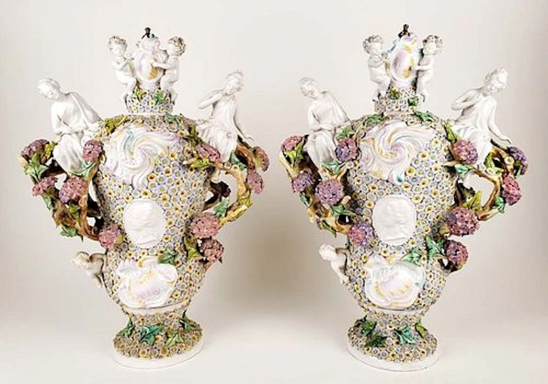 Pair of Large 19th C. Meissen Style Porcelain Figural Floral Encrusted Vases