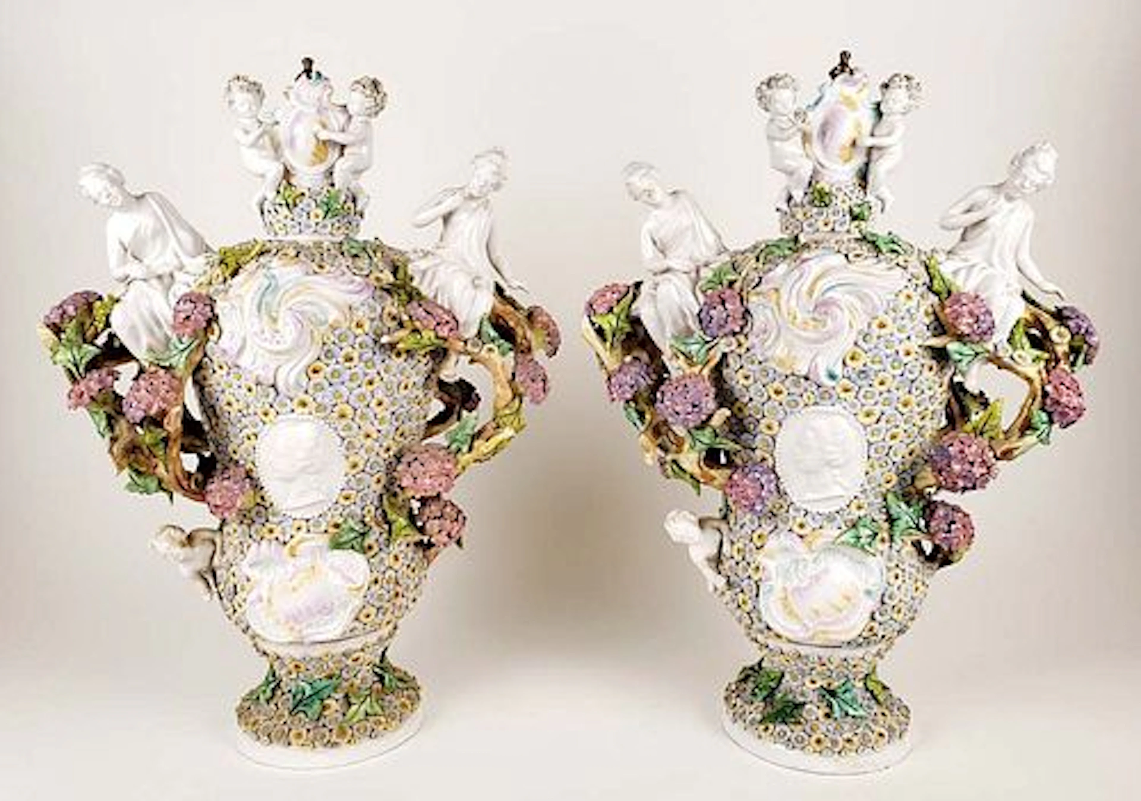 Pair of Large 19th C. Meissen Style Porcelain Figural Floral Encrusted Vases