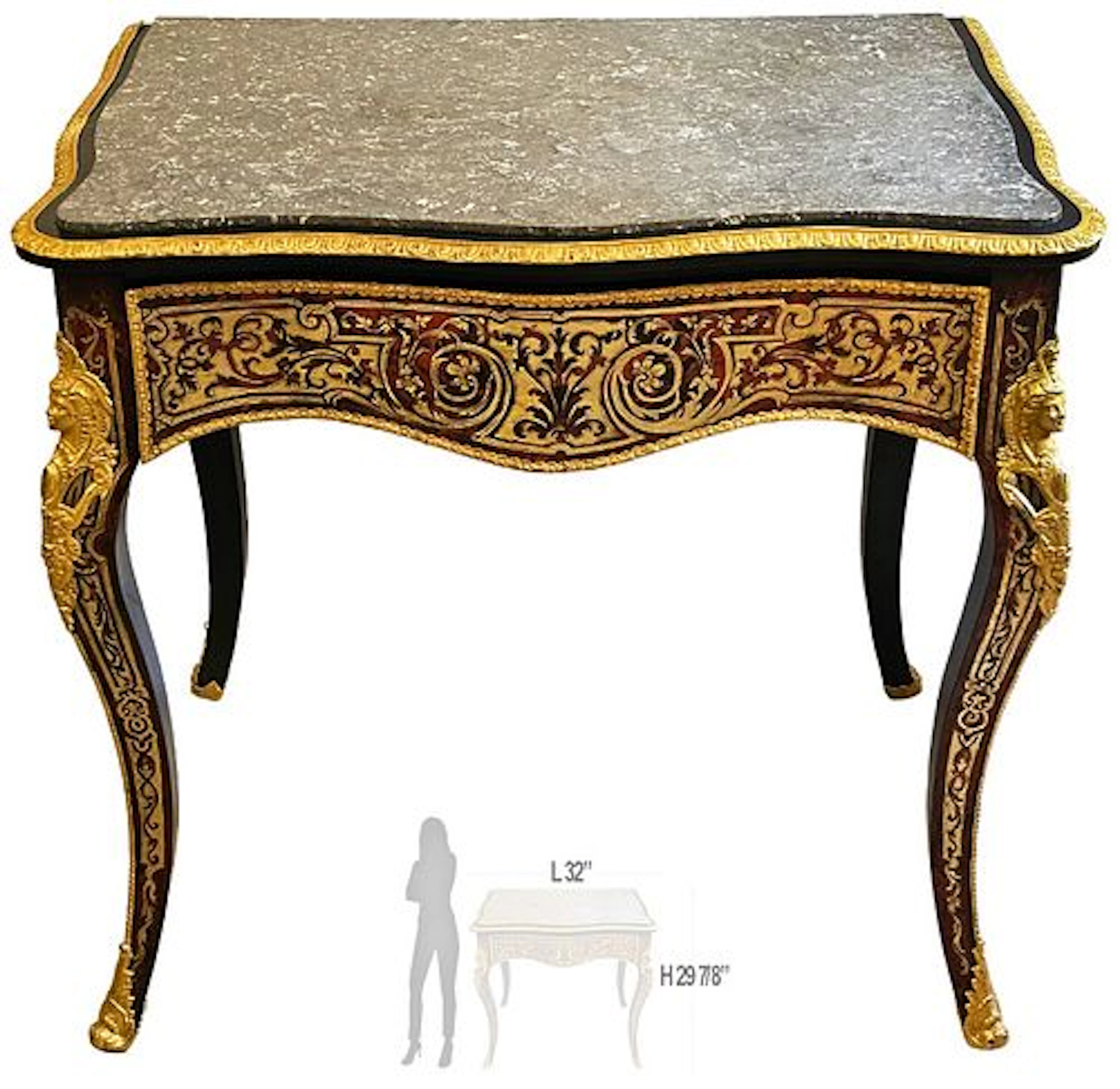 19th C. French Napoleon III Boulle Bronze Mounted Top Marble Table