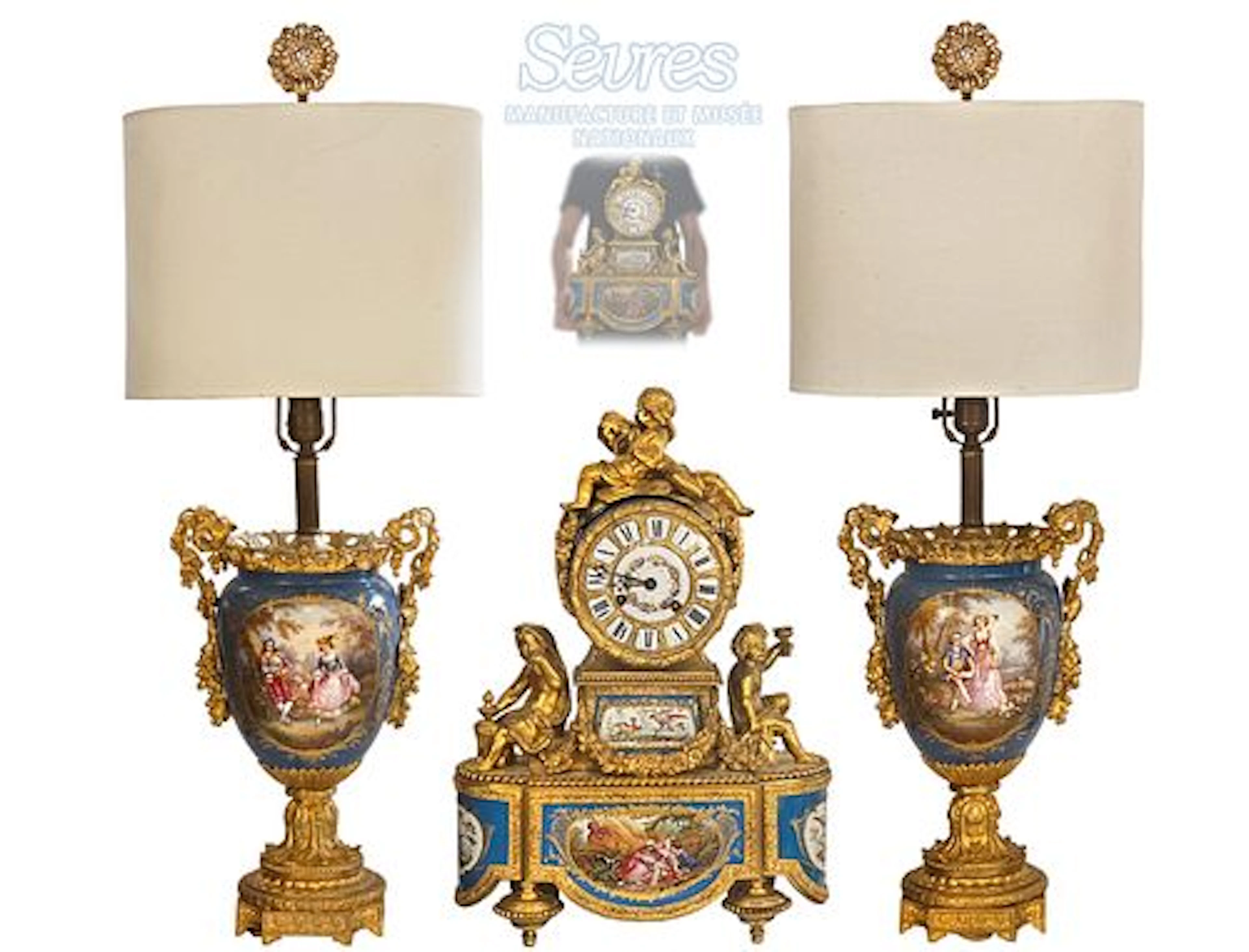 19th C. Sevres Mount Gilt Figural Bronze Hand Painted Clock Set