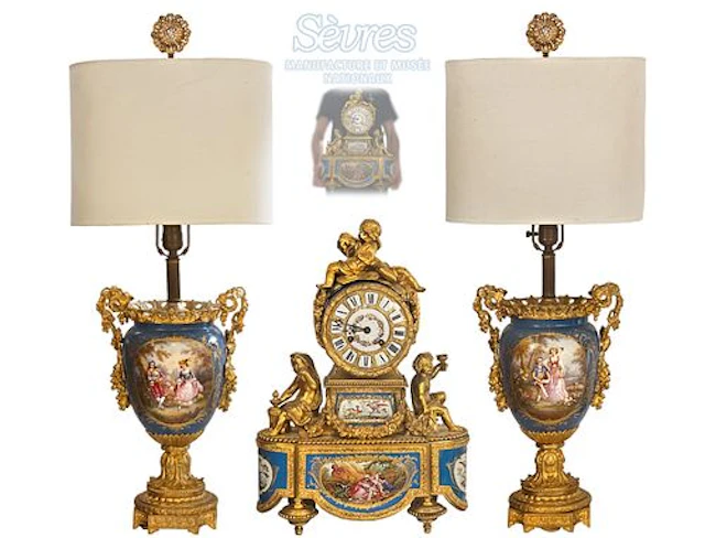 19th C. Sevres Mount Gilt Figural Bronze Hand Painted Clock Set