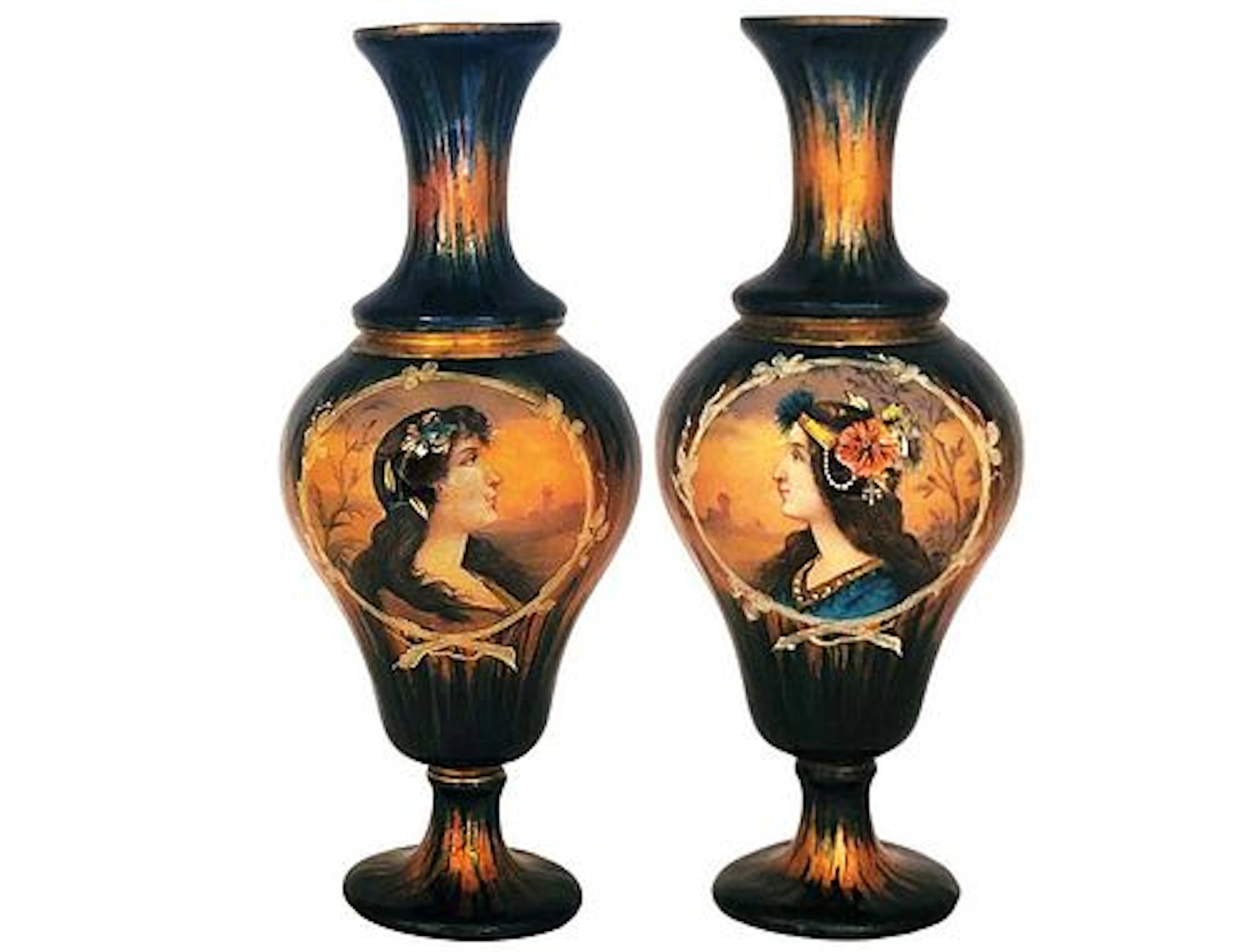 Singed Pair Of 19th C. French Enamel On Bronze Vases