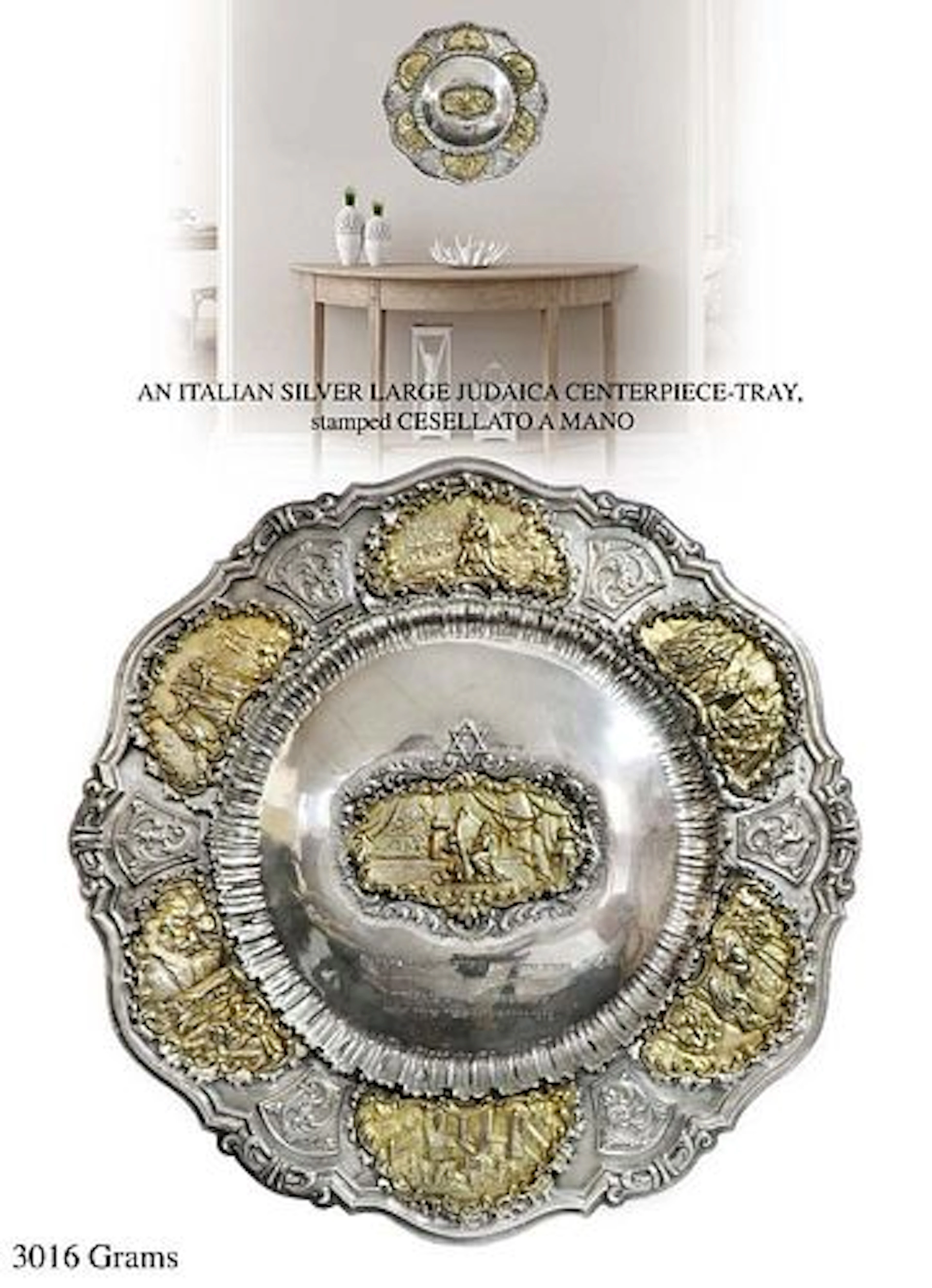 An Italian Judaica Sterling Silver Large Centerpiece Tray Stamped