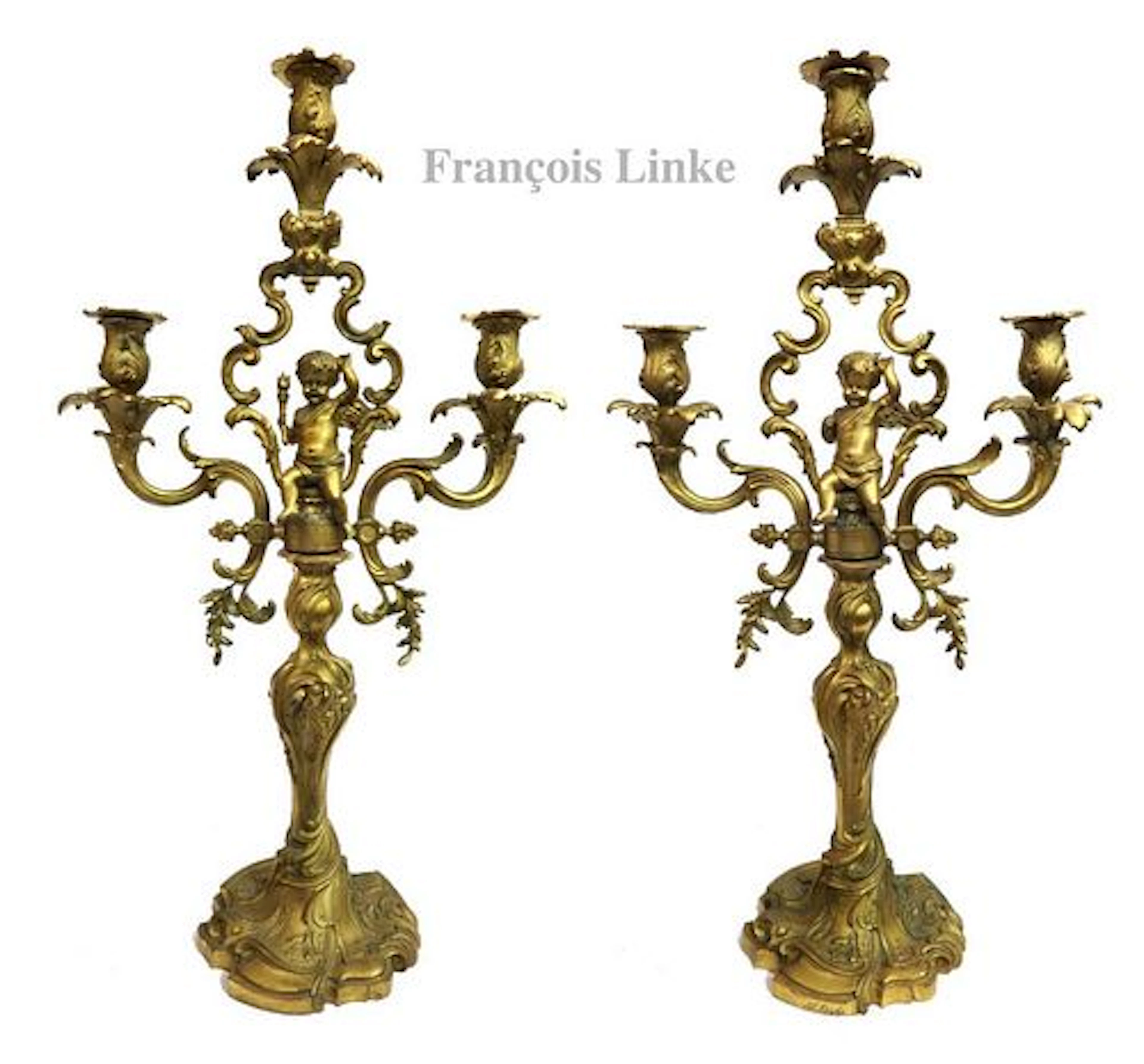 Pair of 19th C. F. Linke Gilt Bronze Figural Candelabras