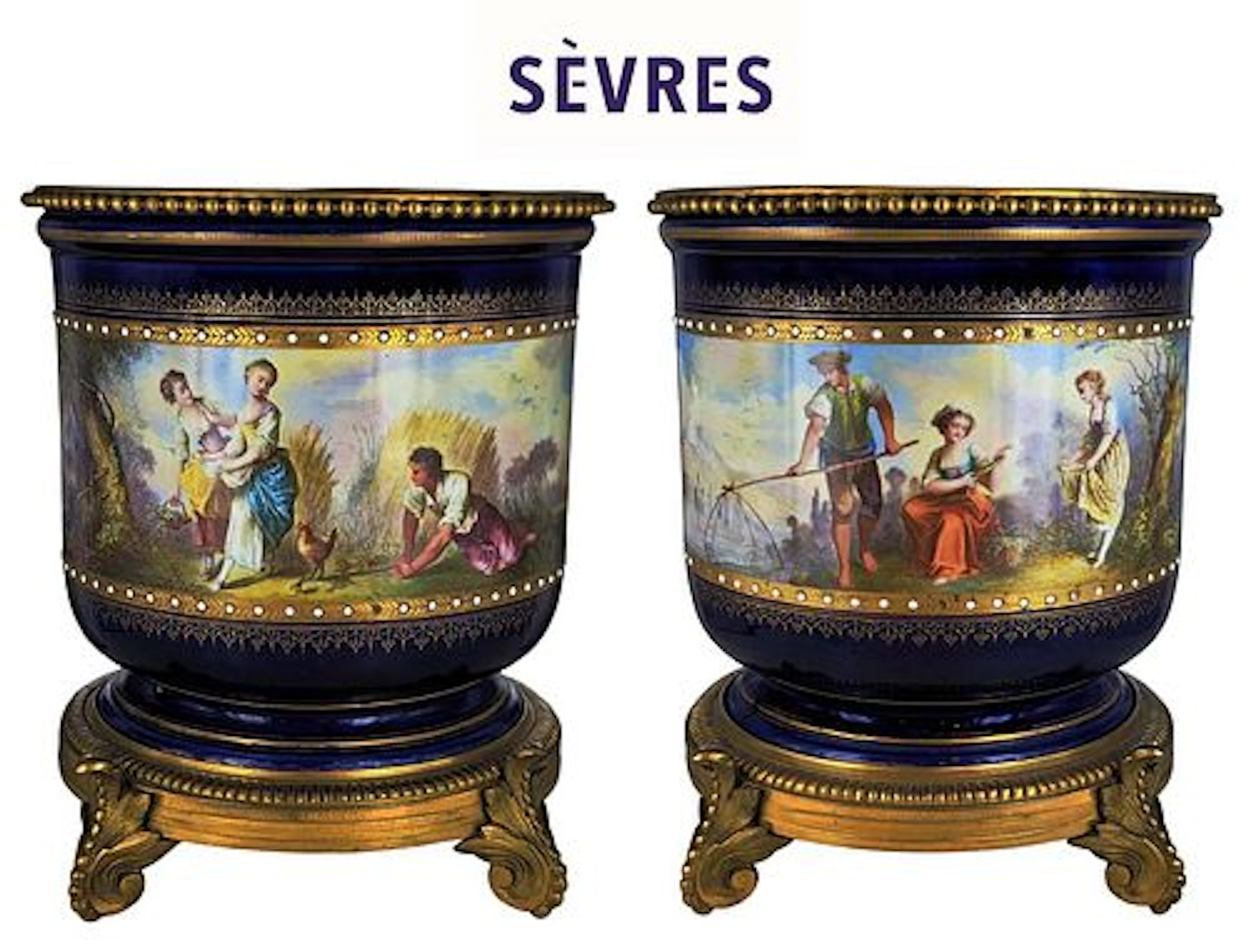 Pair of 19th C. Cobalt Jeweled Sevres Vases