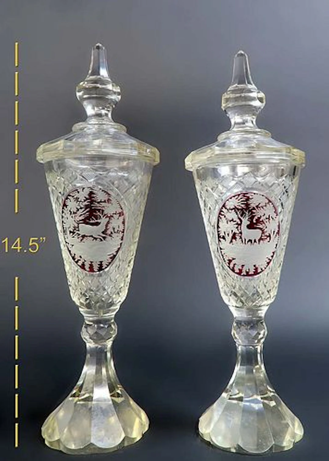 Pair Of 19th Century Cut To Clear Deer And Nature Moser Bohemian Czech