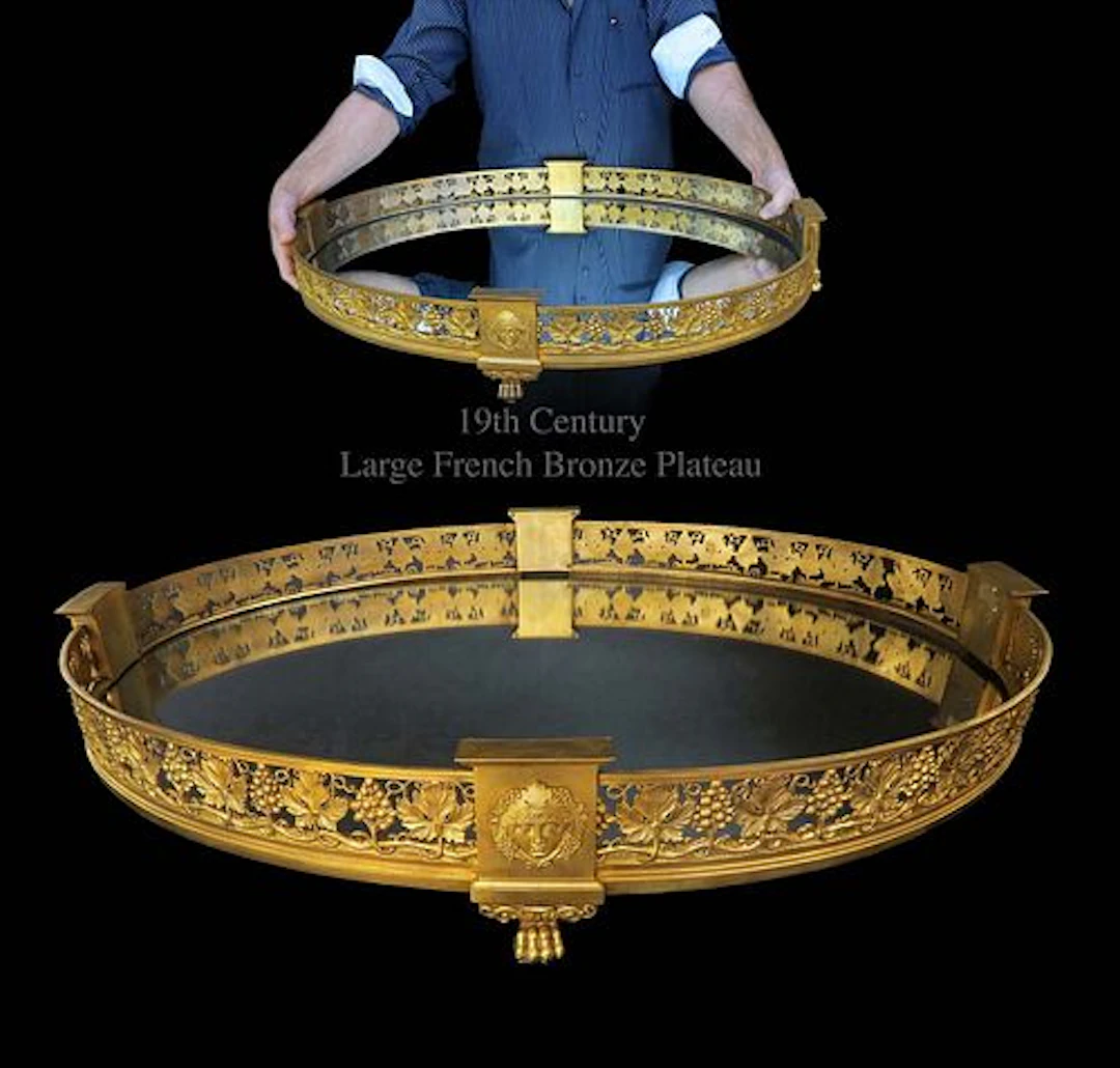 19th C. Large French Figural Bronze Mirrored Plateau