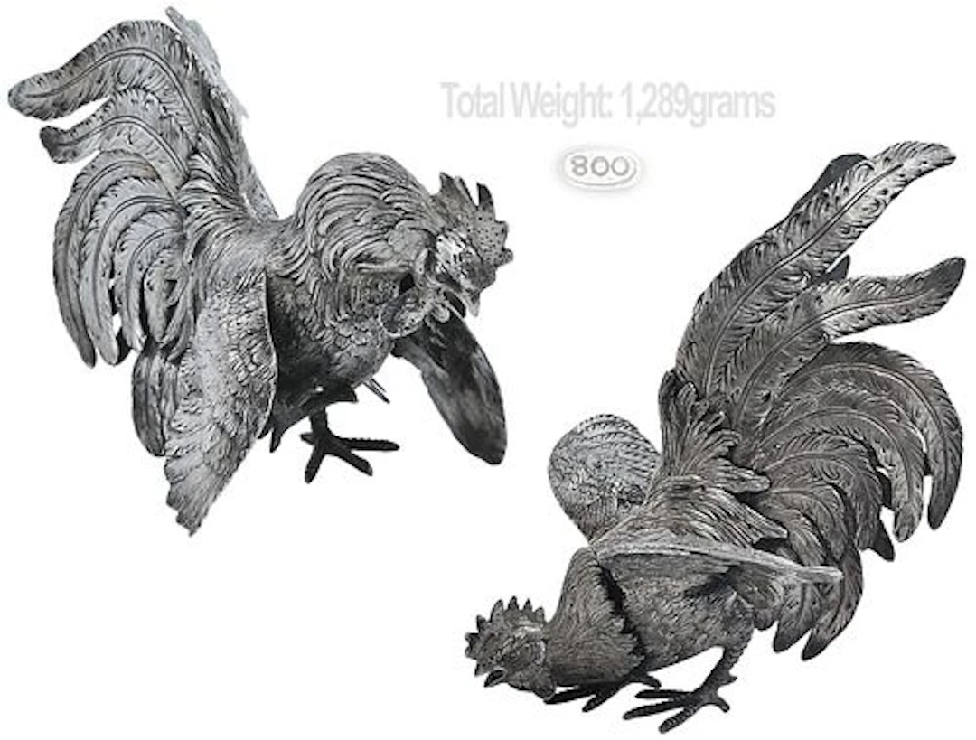 Pair Antique Solid 800 Silver (1,289g) Cockerels / Roosters fighting