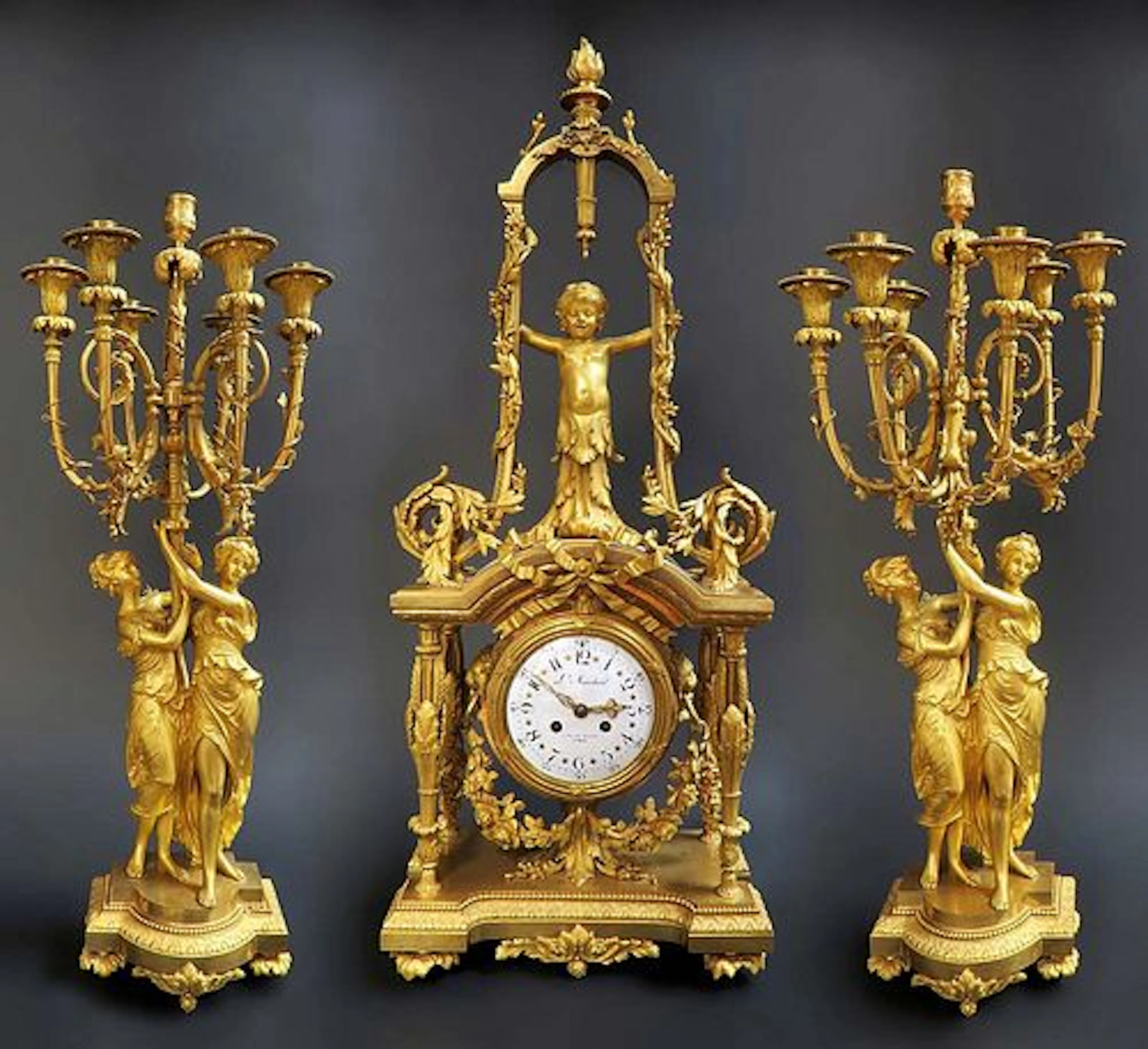 Magnificent French Monumental Mercury Gilt Bronze Figural Clock Set