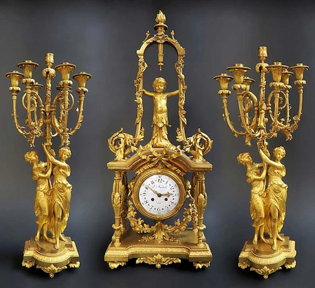 Magnificent French Monumental Mercury Gilt Bronze Figural Clock Set