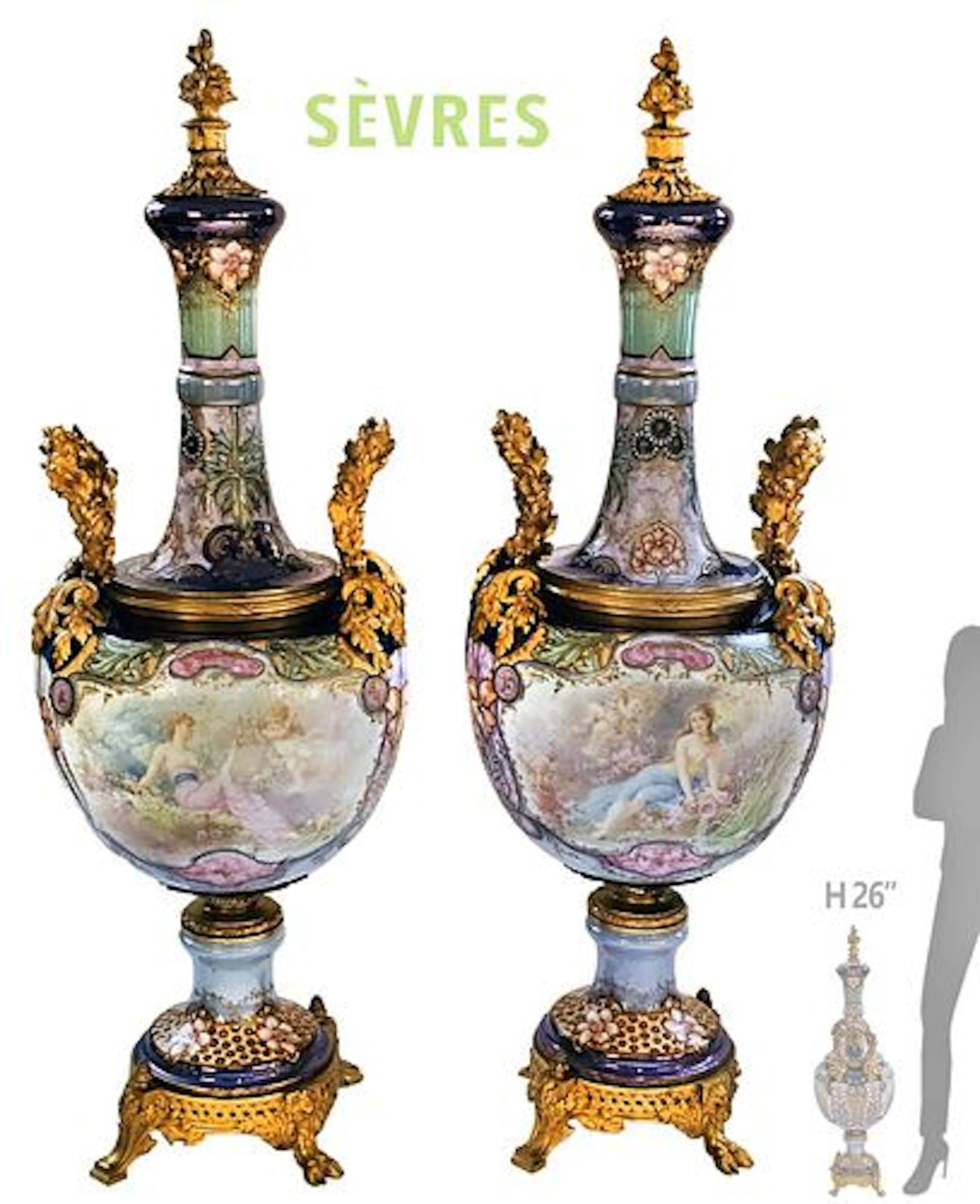 19th C. Art Nouveau Bronze Mounted Sevres Vases