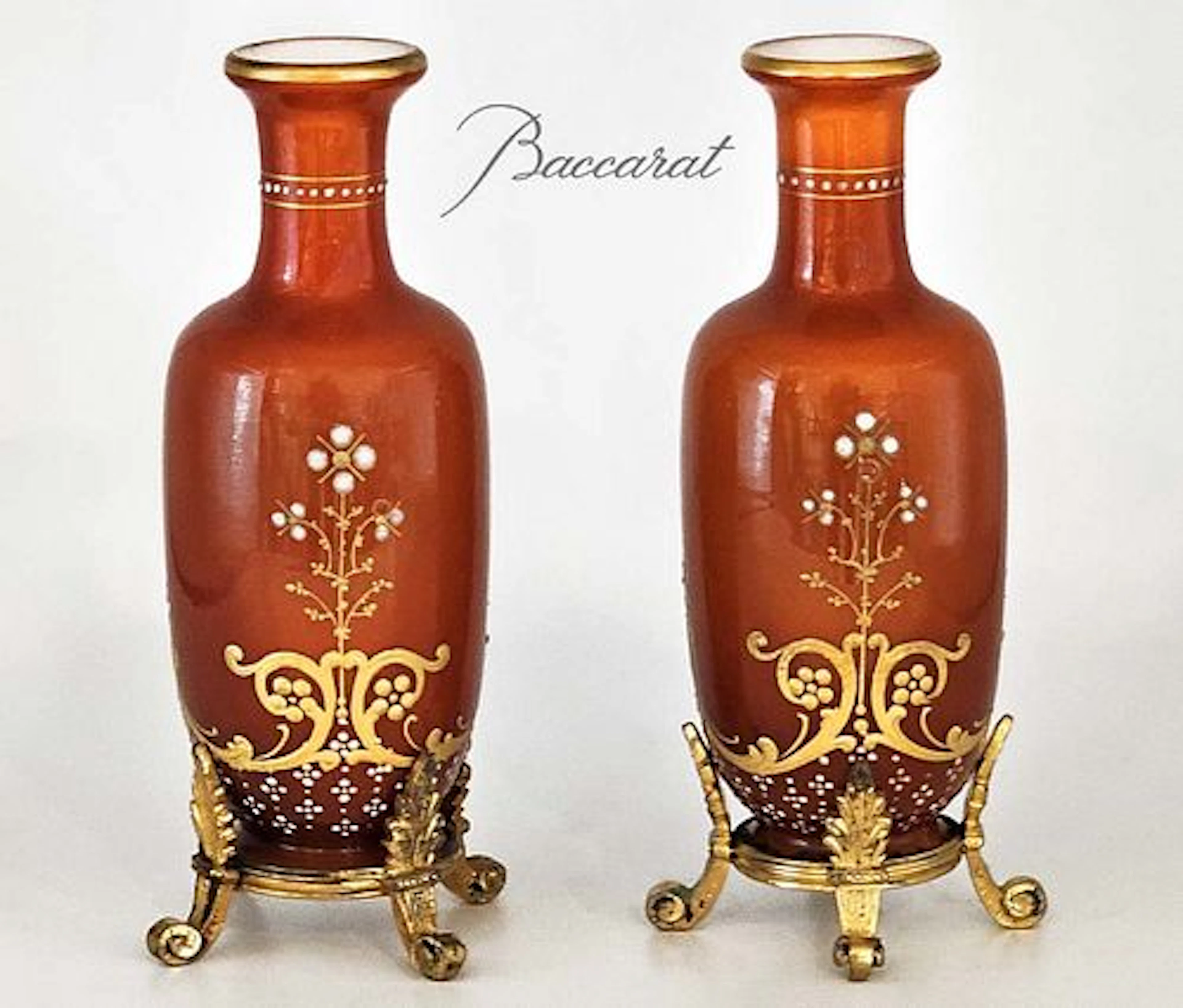Pair of 19th C. Baccarat French Opaline With Enamel Bronze Mounted