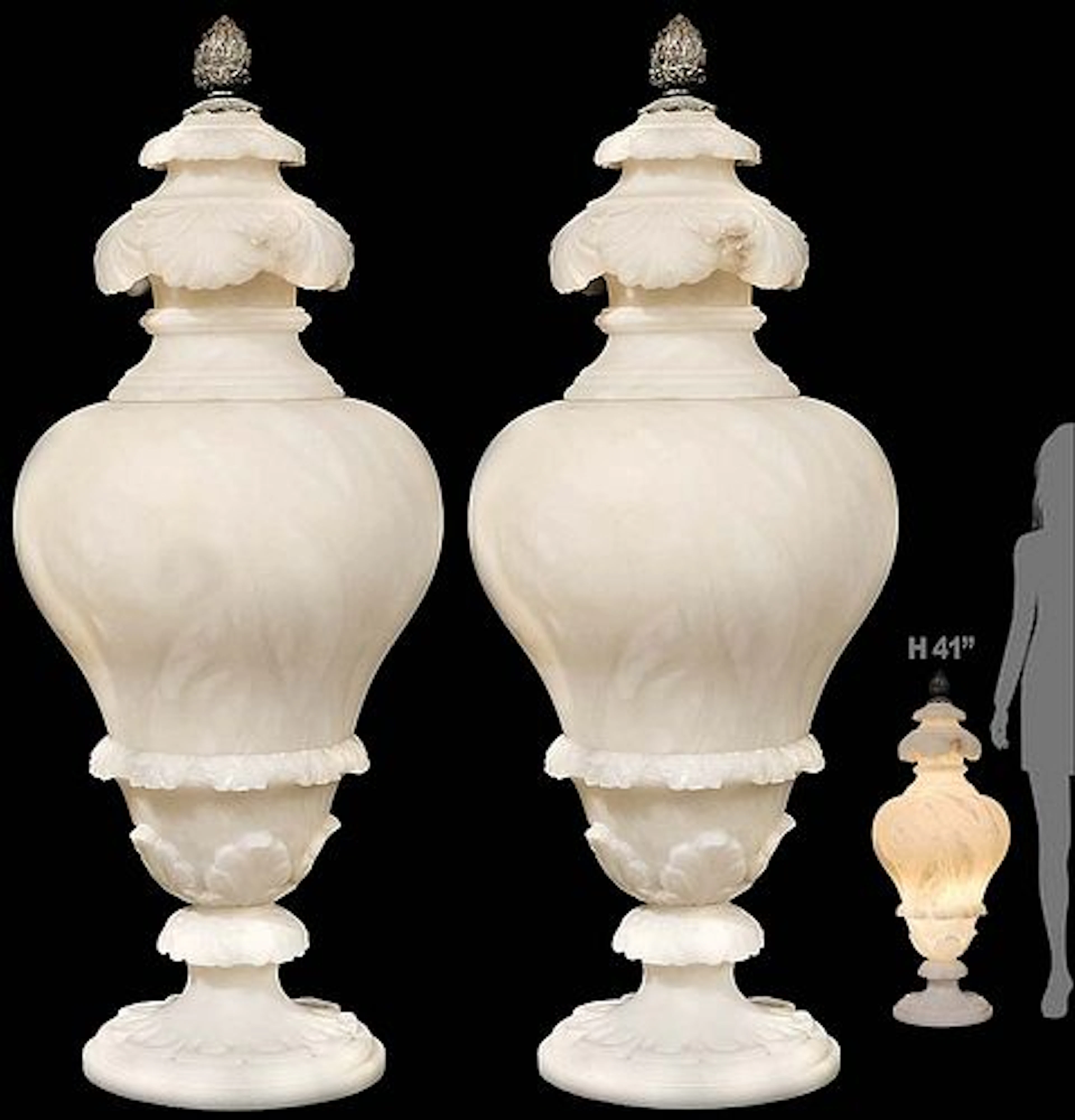 Pair Of Large 19th C. French Carved Alabaster Lamps