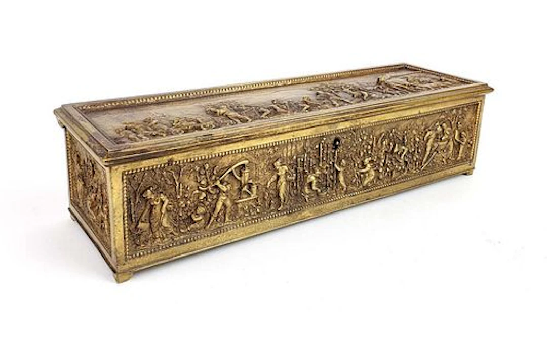 19th C. French Bronze Engraved Figural Box