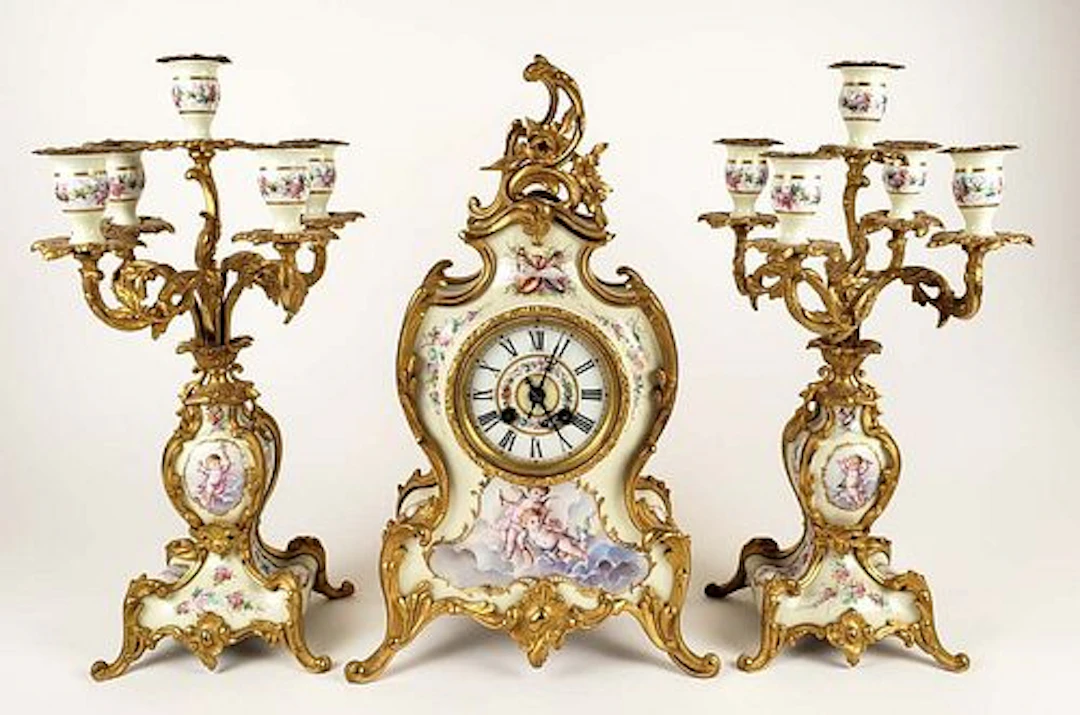 19th C. French Louis XIV Porcelain & Bronze Clockset