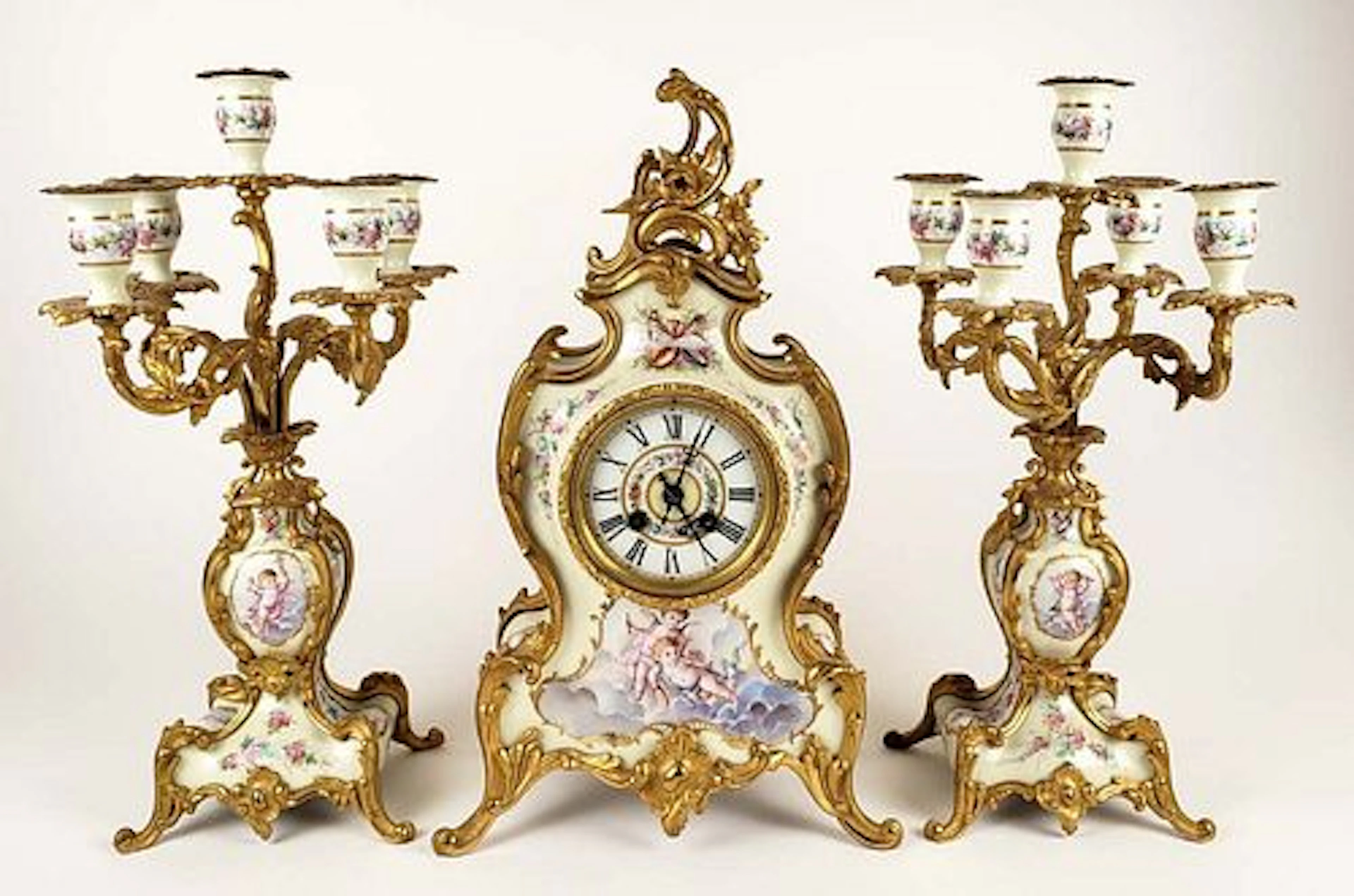 19th C. French Louis XIV Porcelain & Bronze Clockset