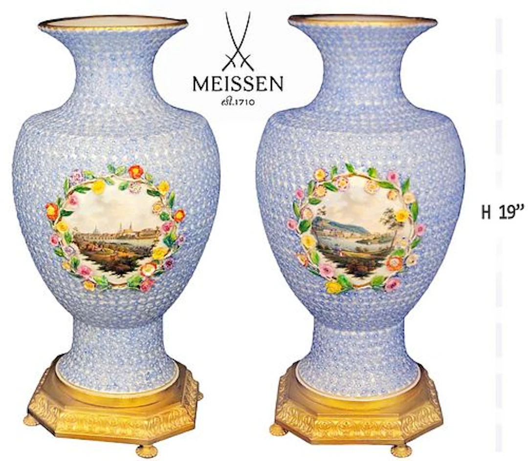 Pair Of Large 19th C. Snowball Meissen Vases