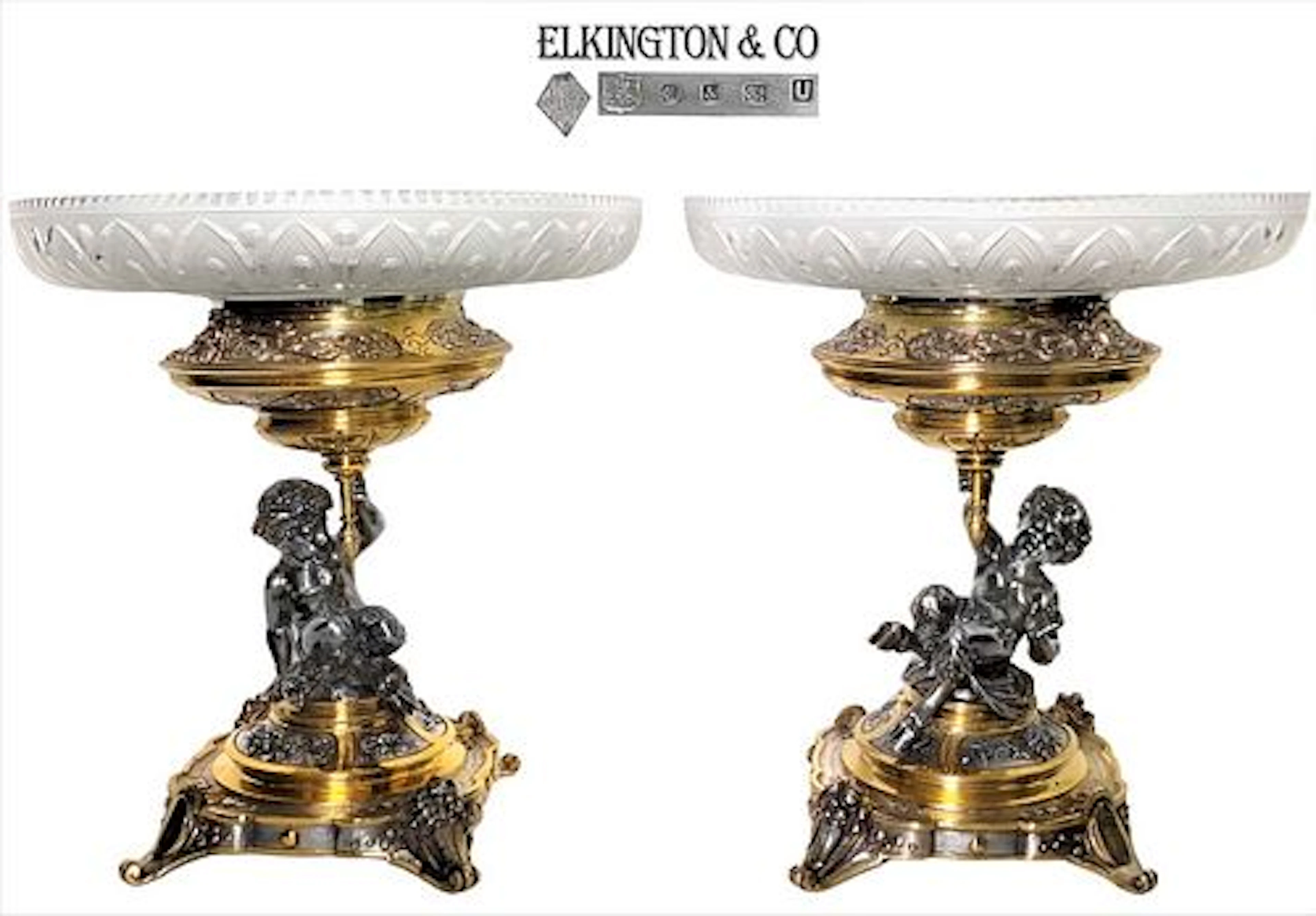 Pair Of 19th C. Figural Bronze, 2 Tone Elkington & Co Centerpiece / Taza